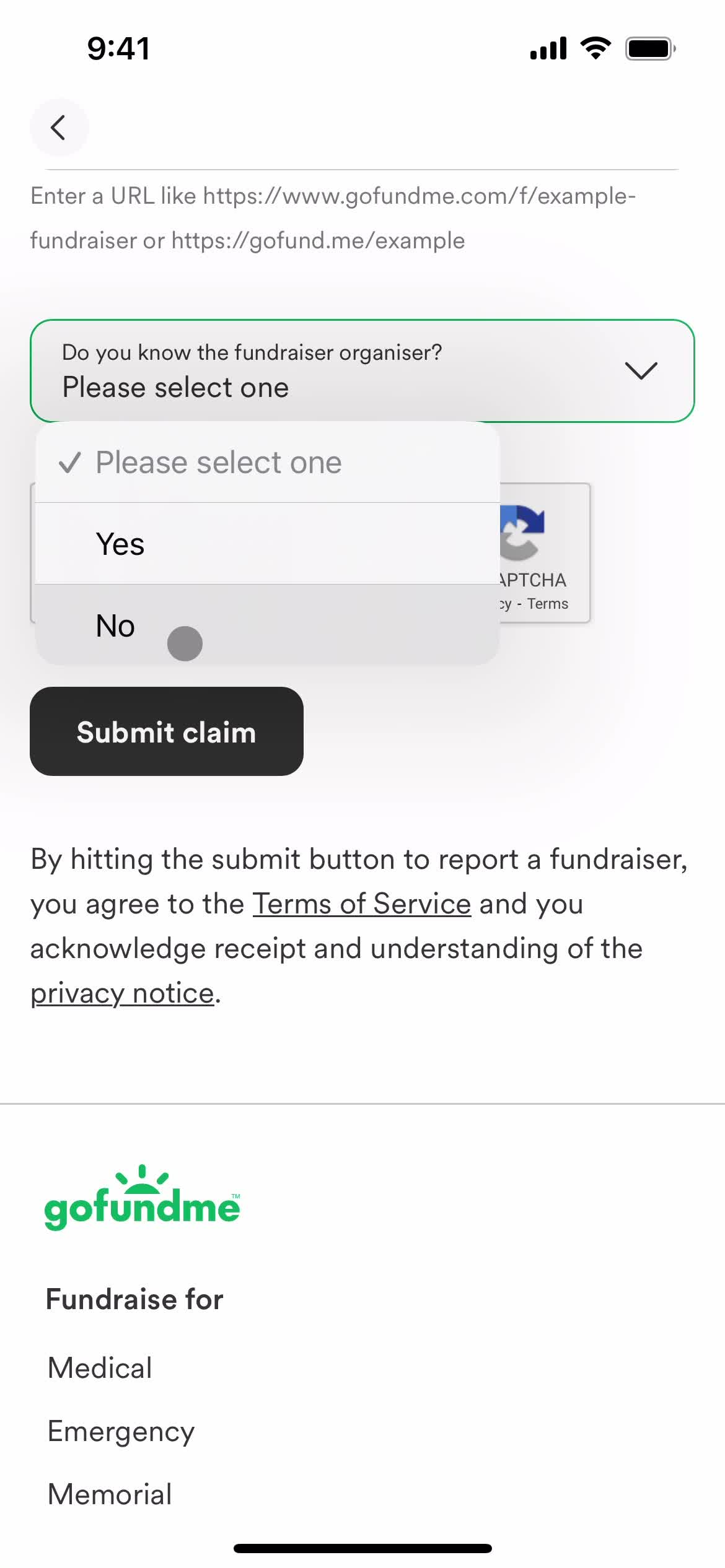 Reporting a fundraiser screenshot