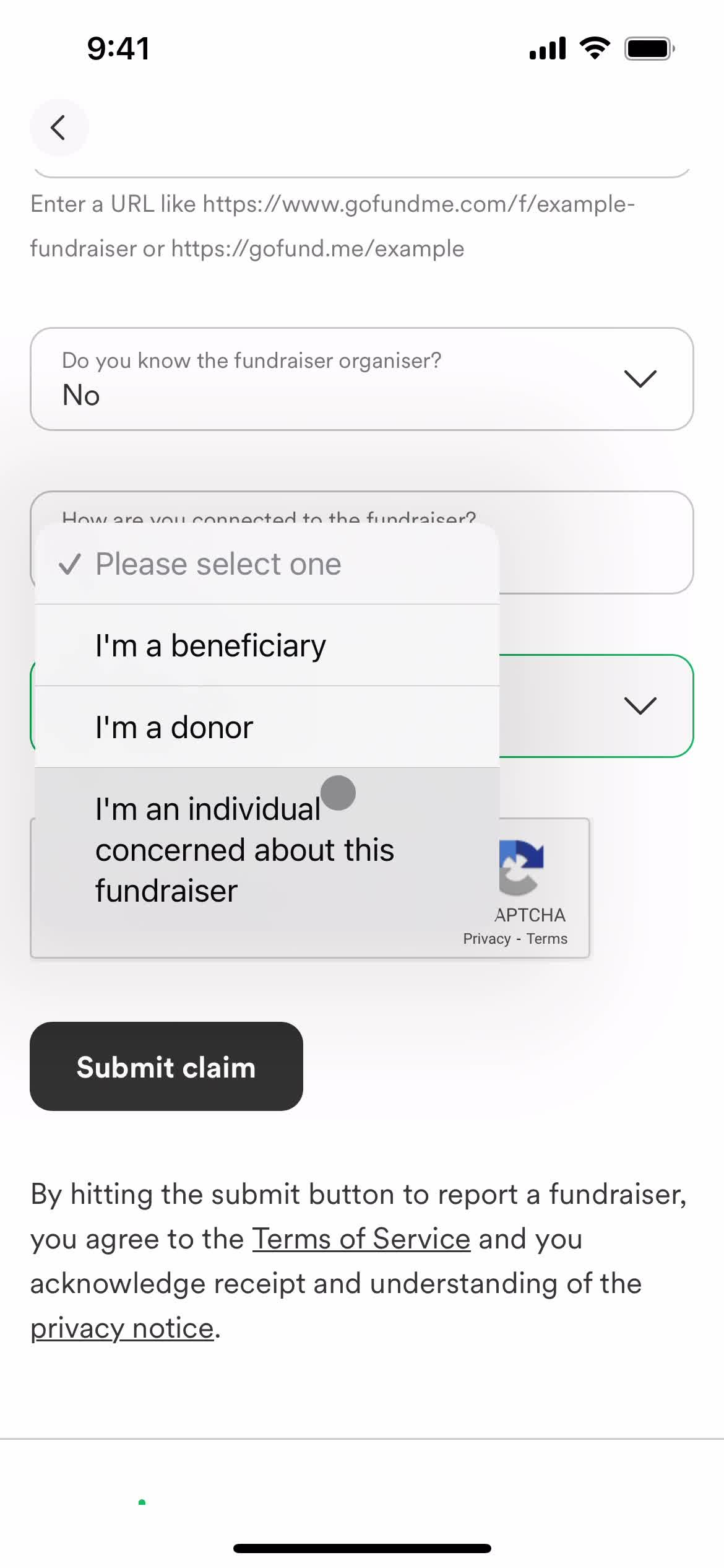 Reporting a fundraiser screenshot