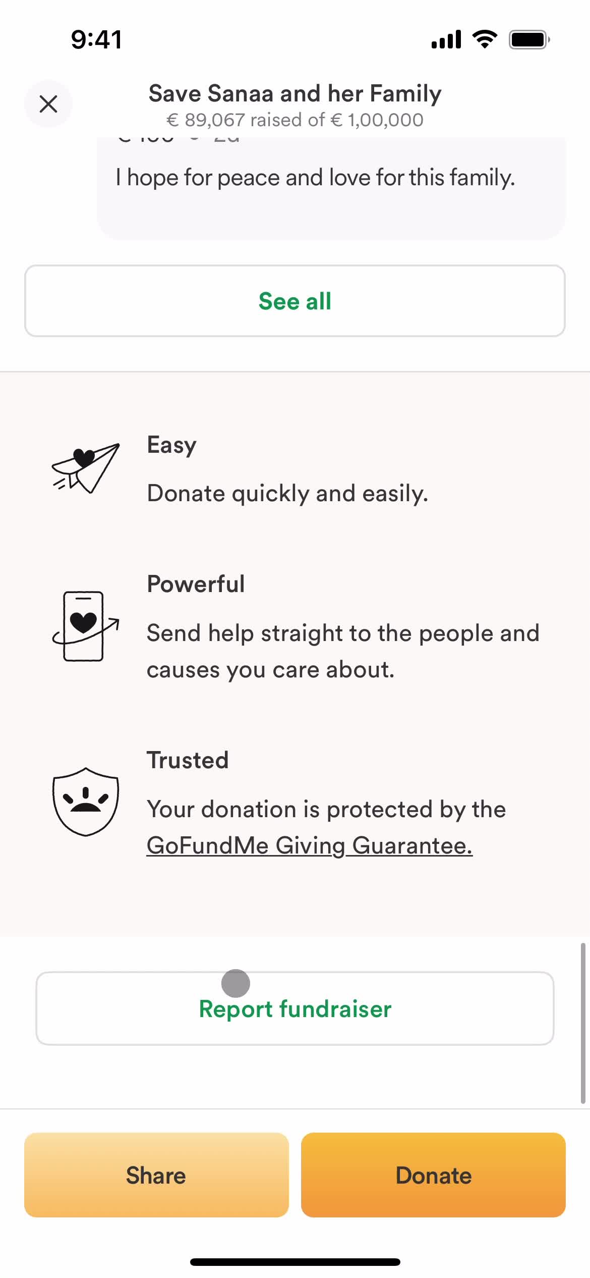 Reporting a fundraiser screenshot