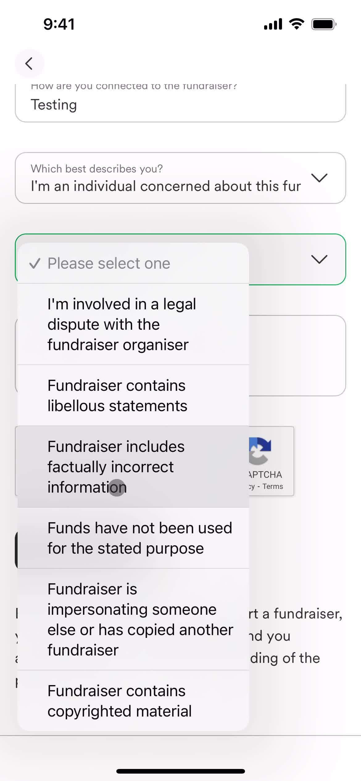 Reporting a fundraiser screenshot