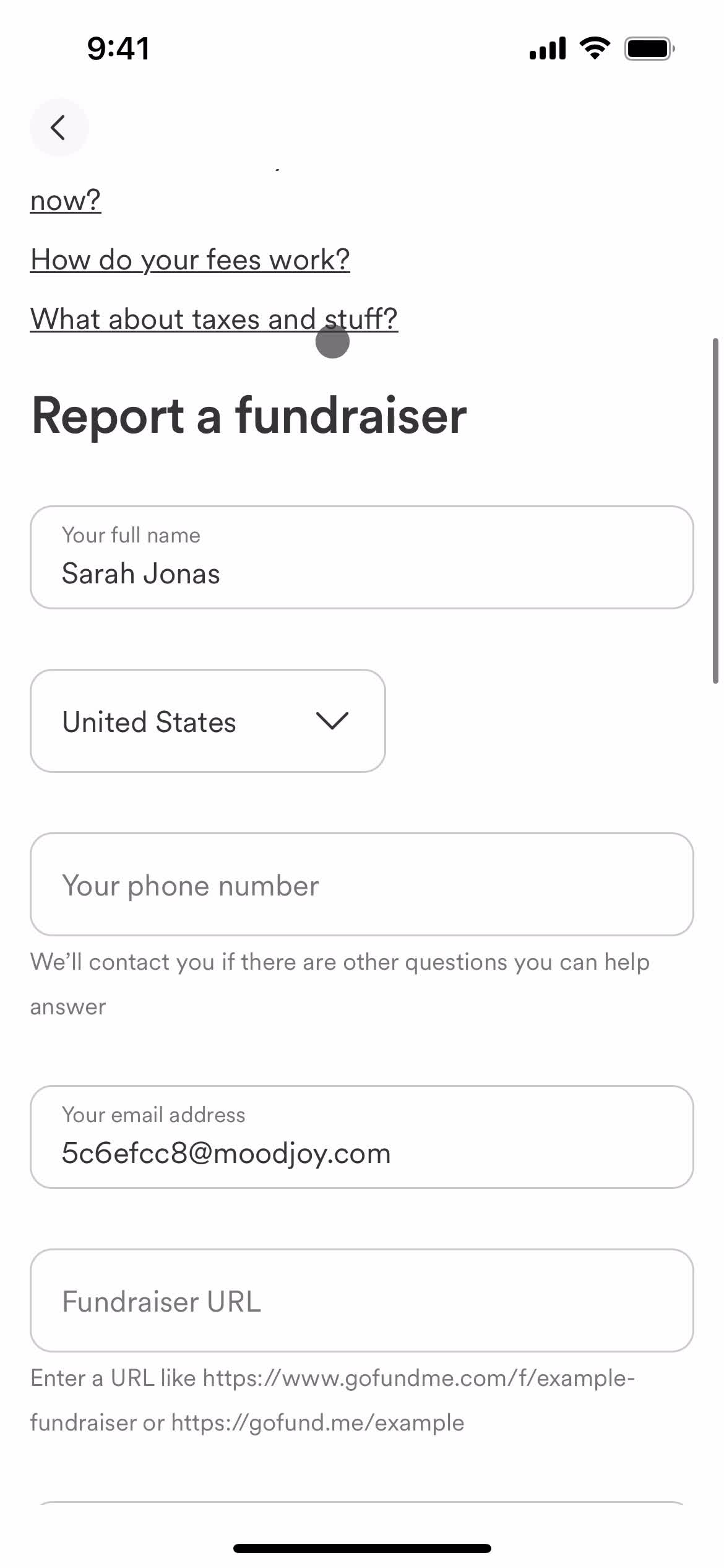 Reporting a fundraiser screenshot