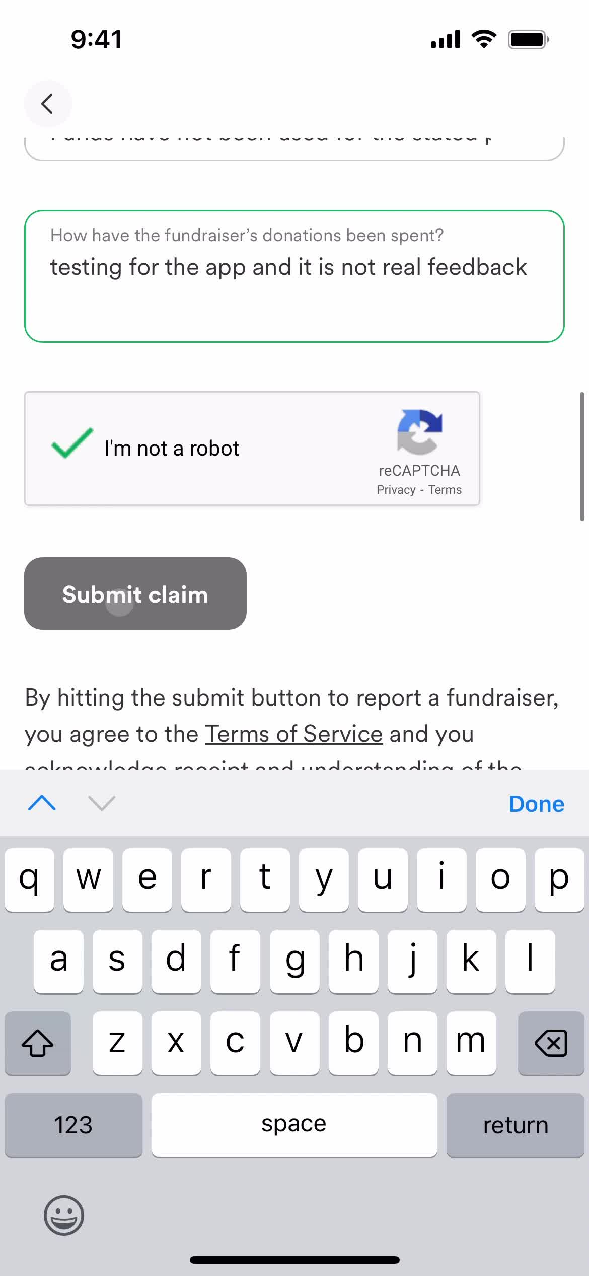 Reporting a fundraiser screenshot