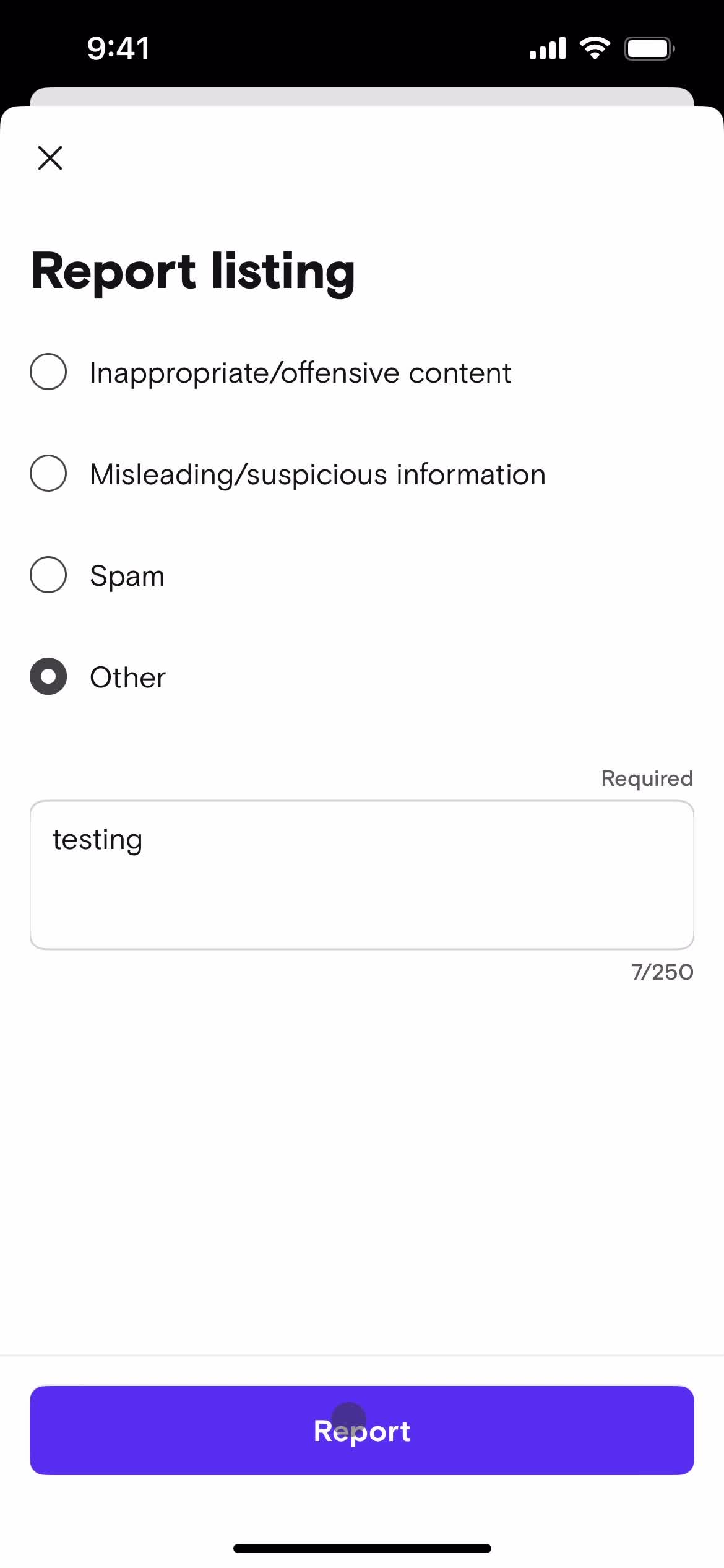 Reporting a listing screenshot