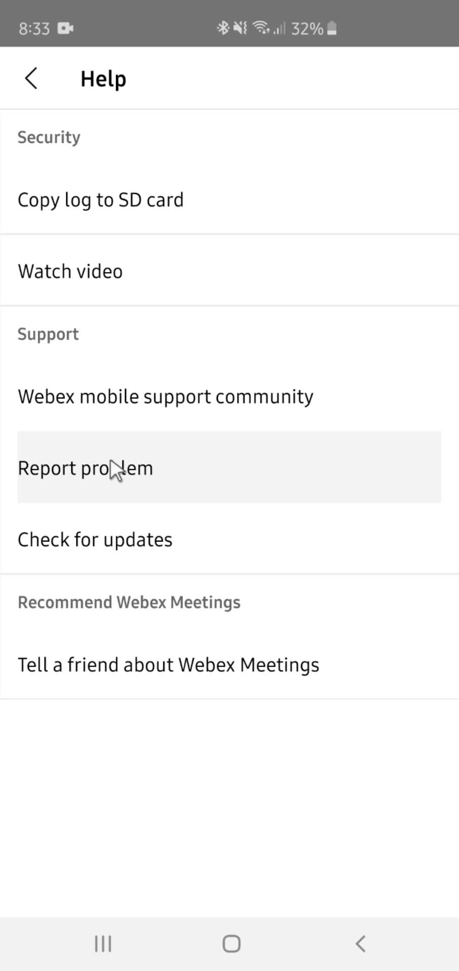 Reporting an issue on Webex video thumbnail