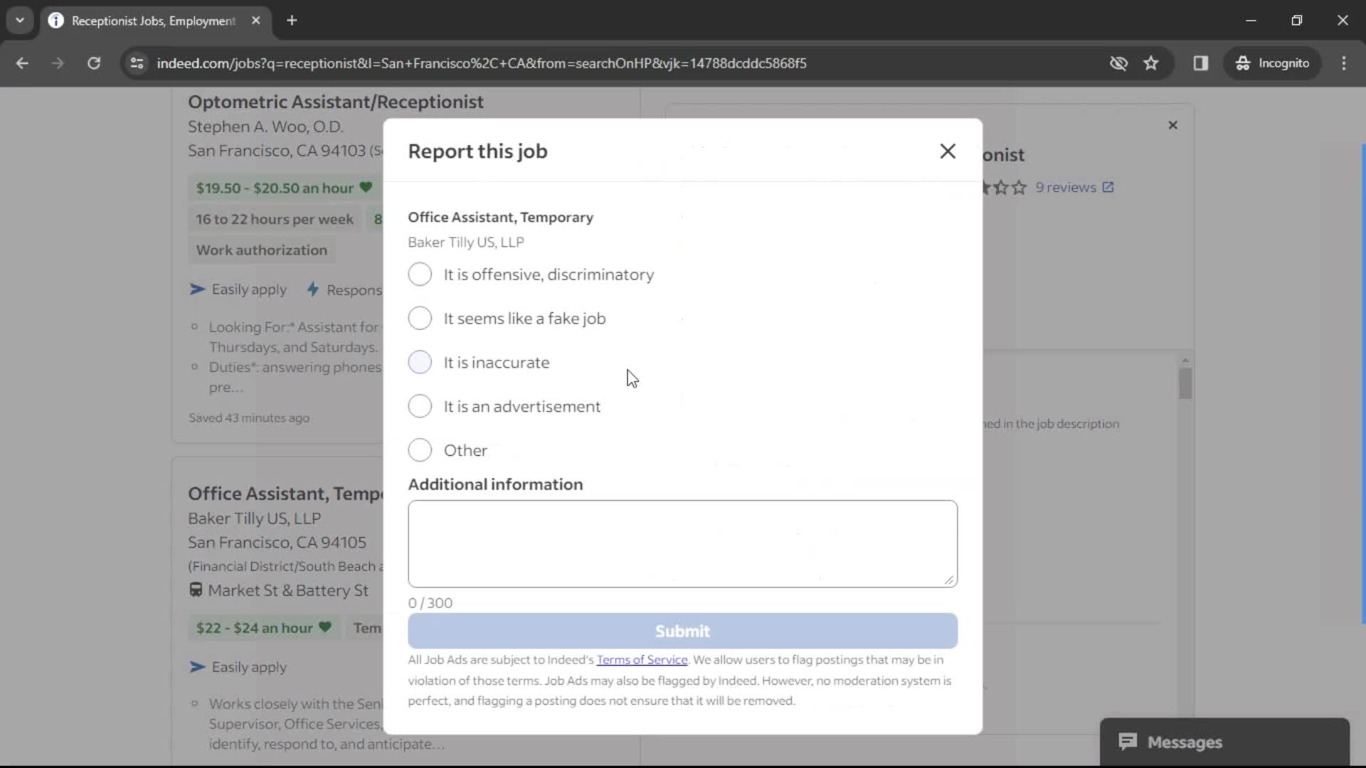 Reporting a job screenshot