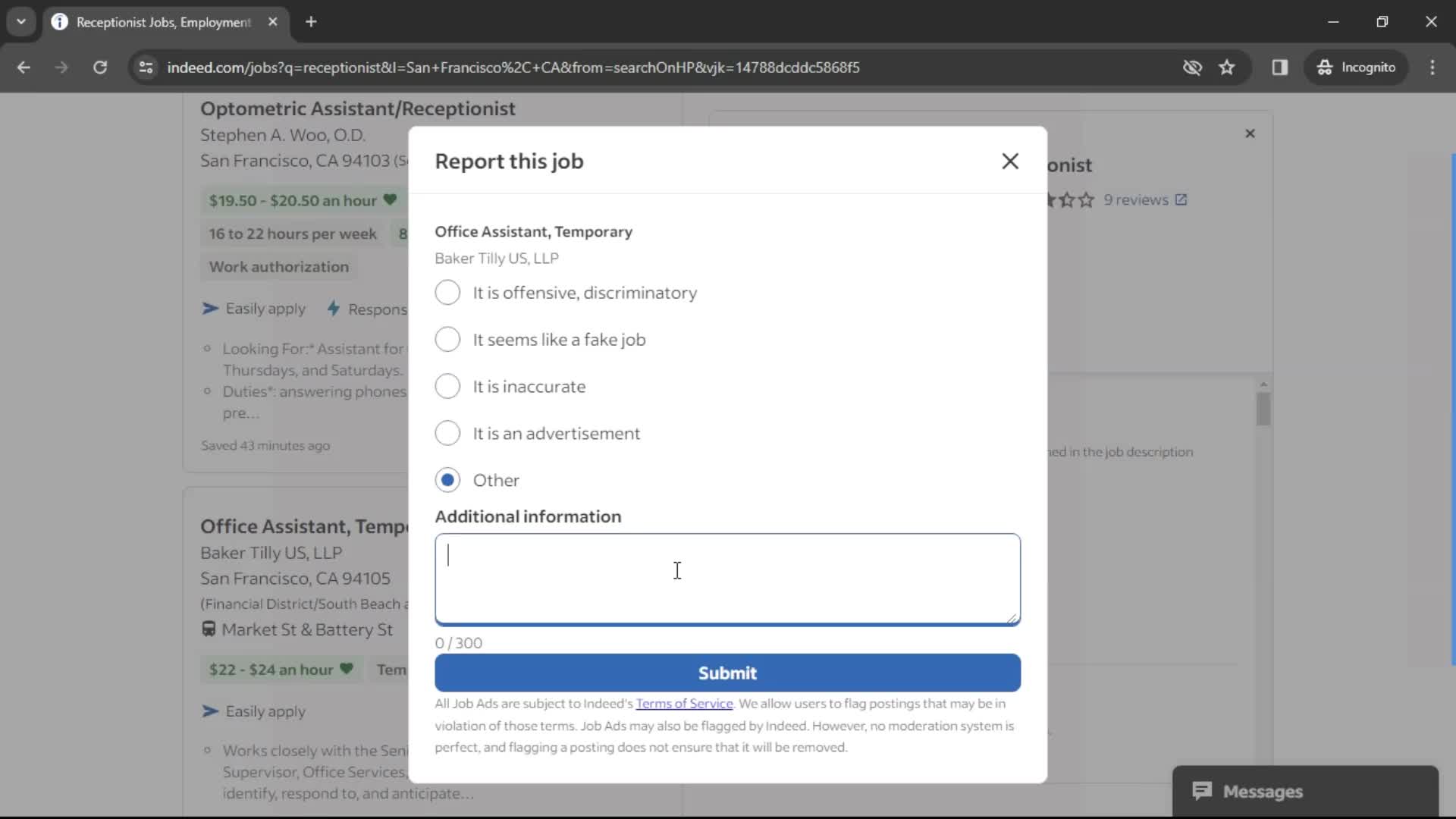 Reporting a job screenshot