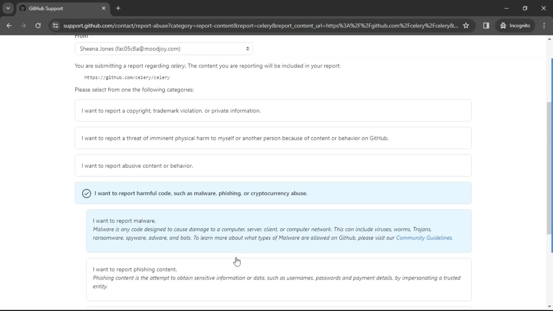 Reporting a repository screenshot