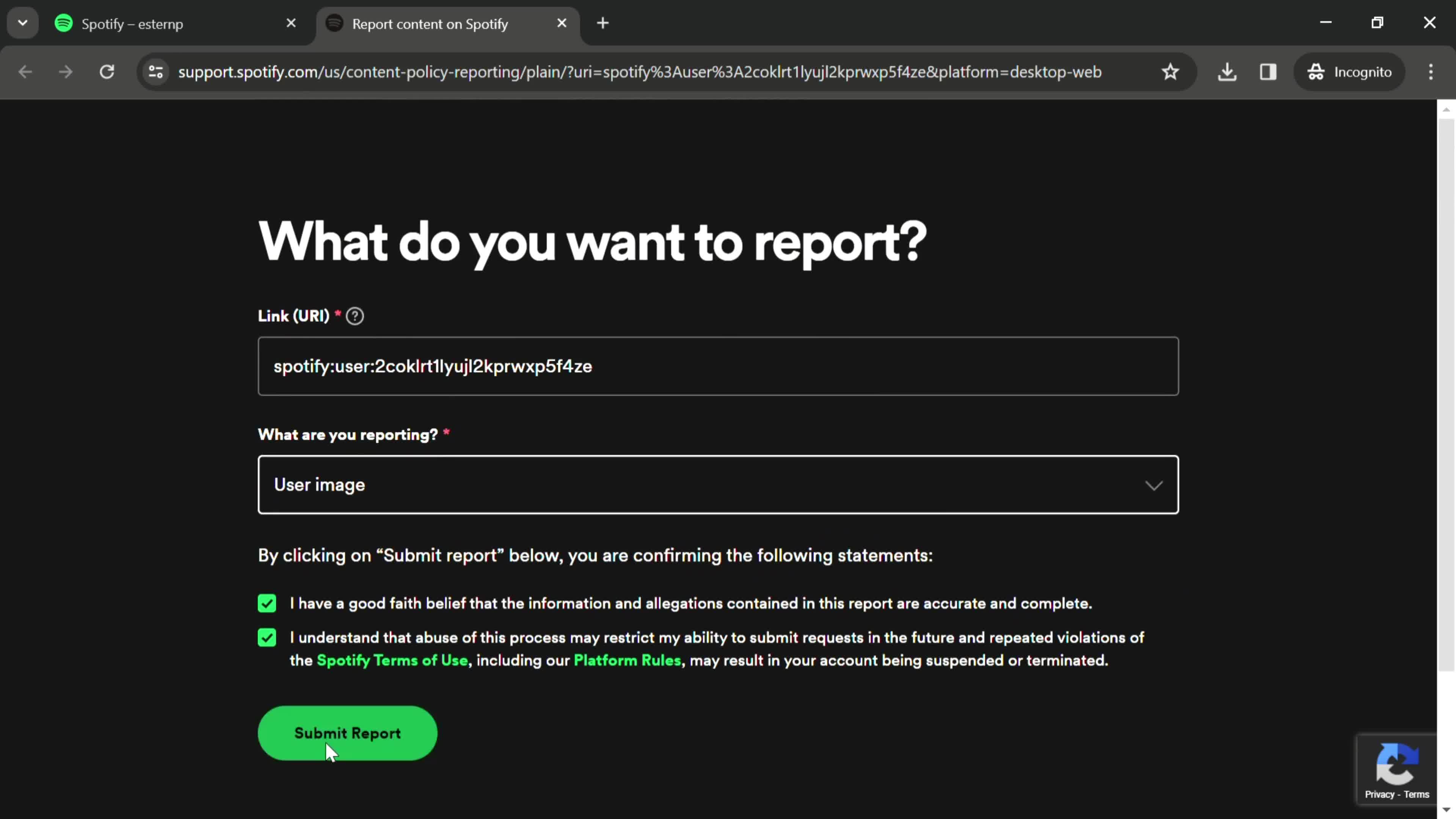 Reporting a user on Spotify video thumbnail