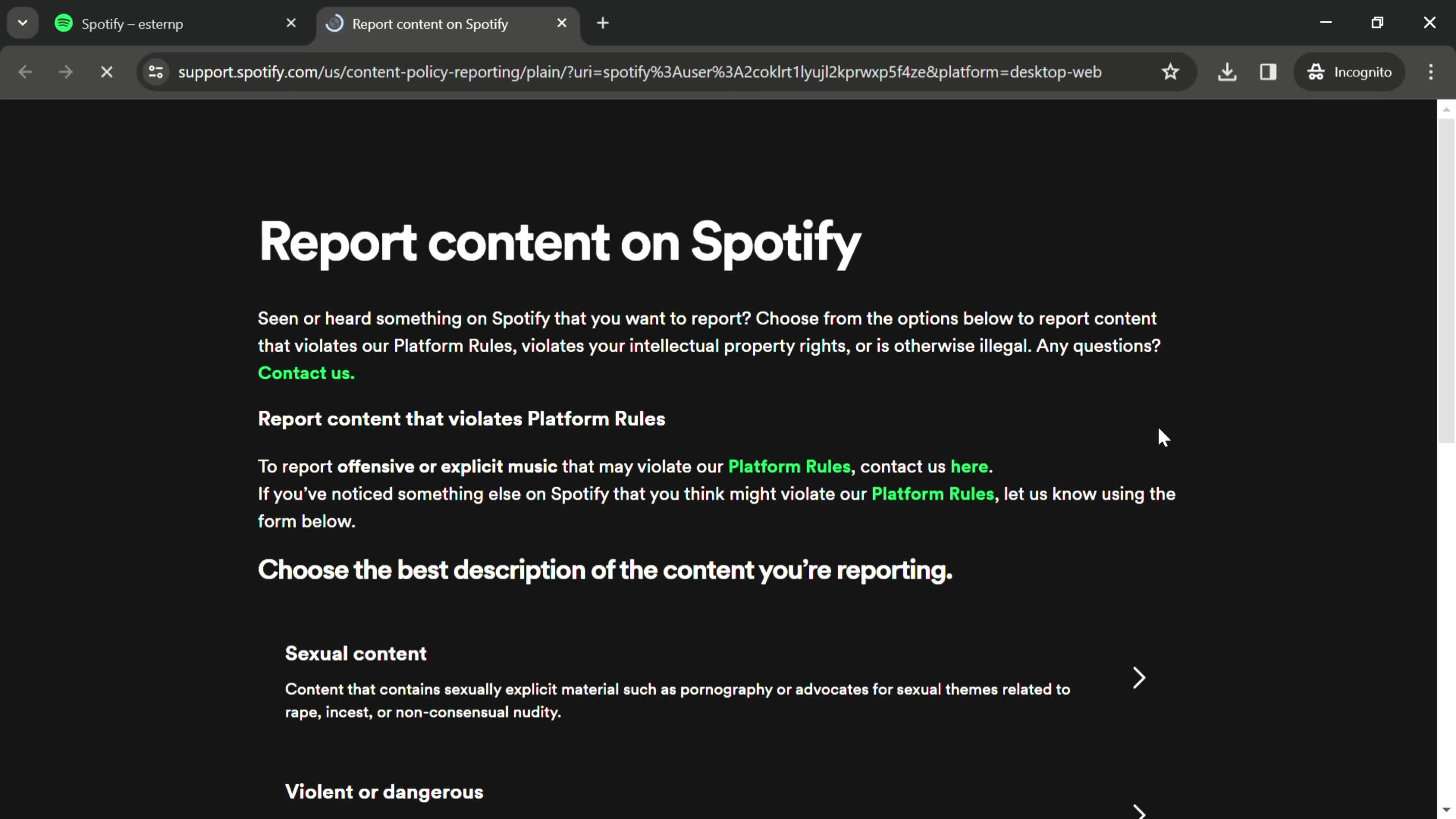 Reporting a user on Spotify video thumbnail