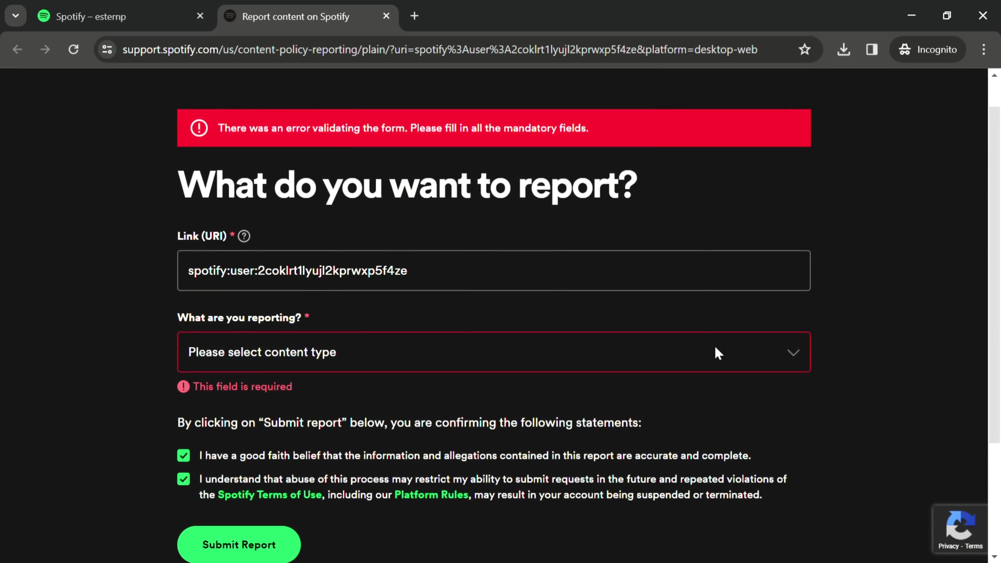 Reporting a user screenshot