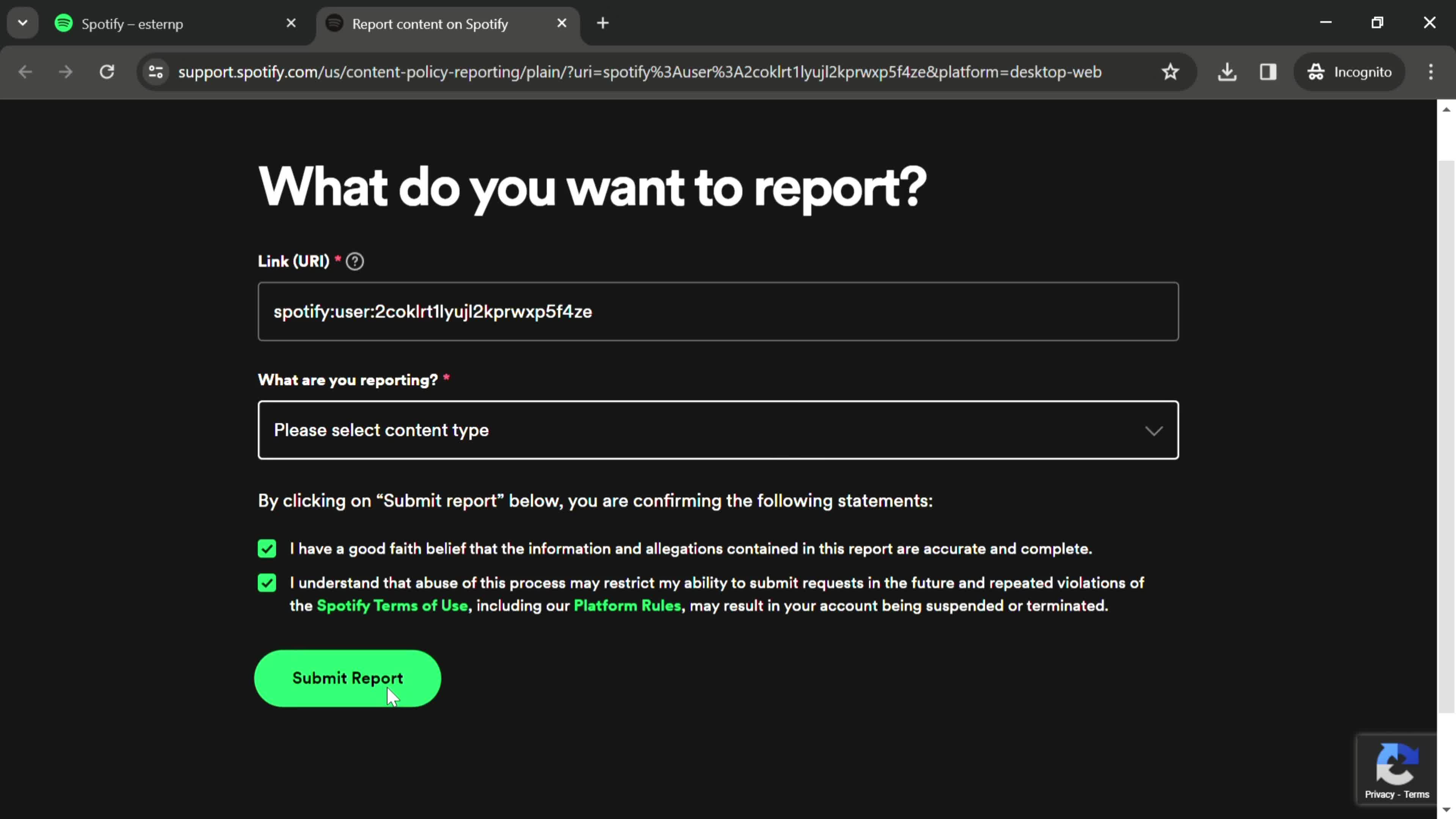 Reporting a user on Spotify video thumbnail