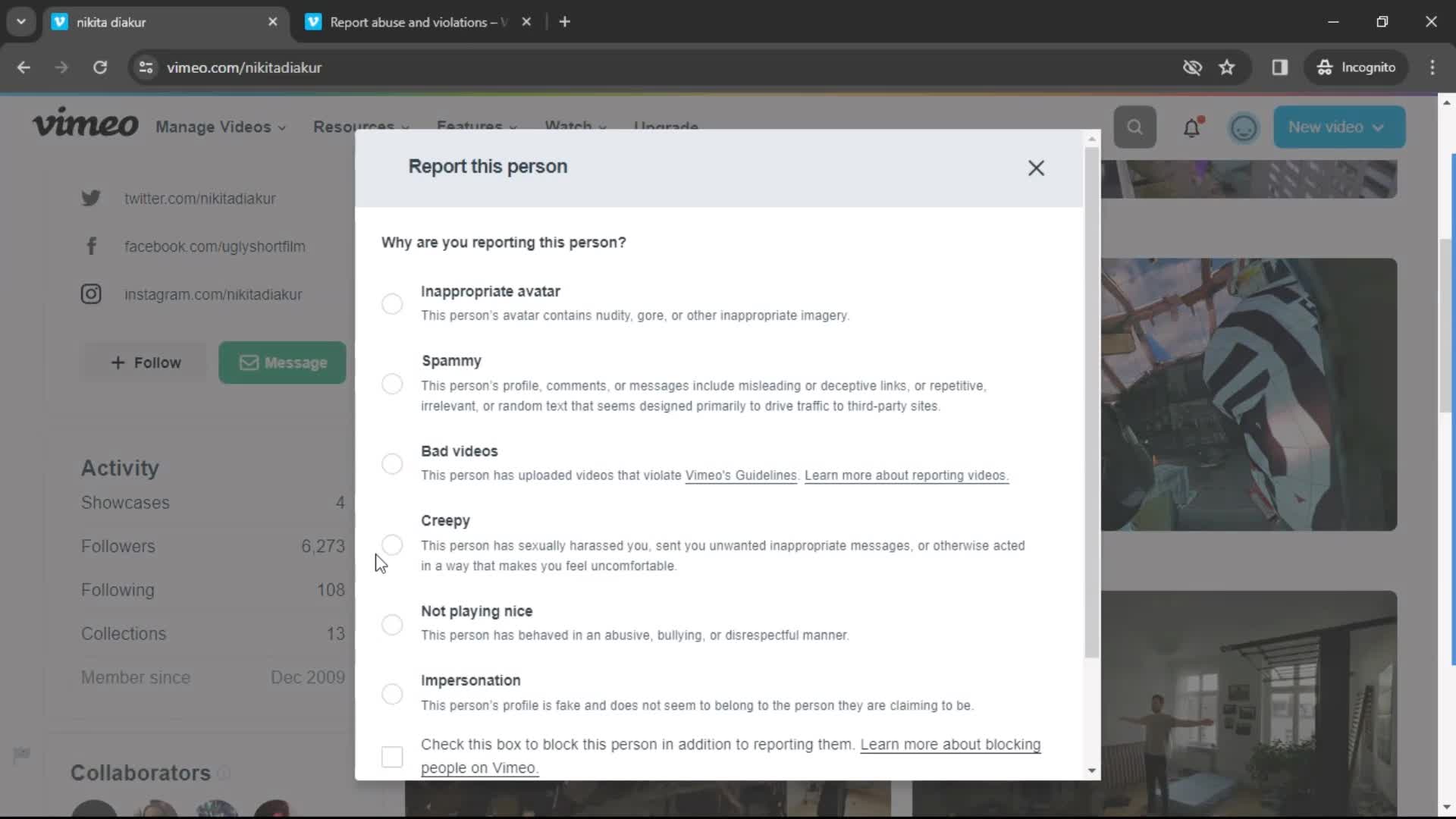 Reporting a user on Vimeo video thumbnail