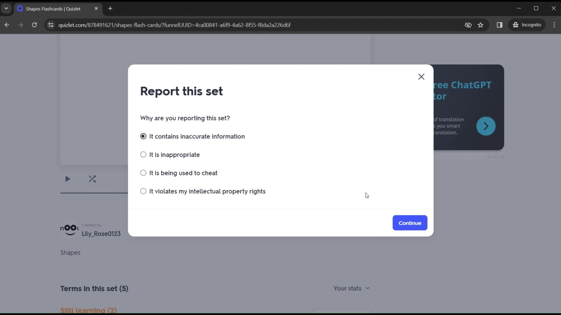 Reporting an issue screenshot