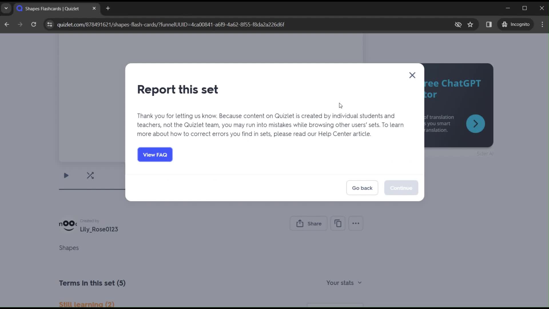 Reporting an issue on Quizlet video thumbnail