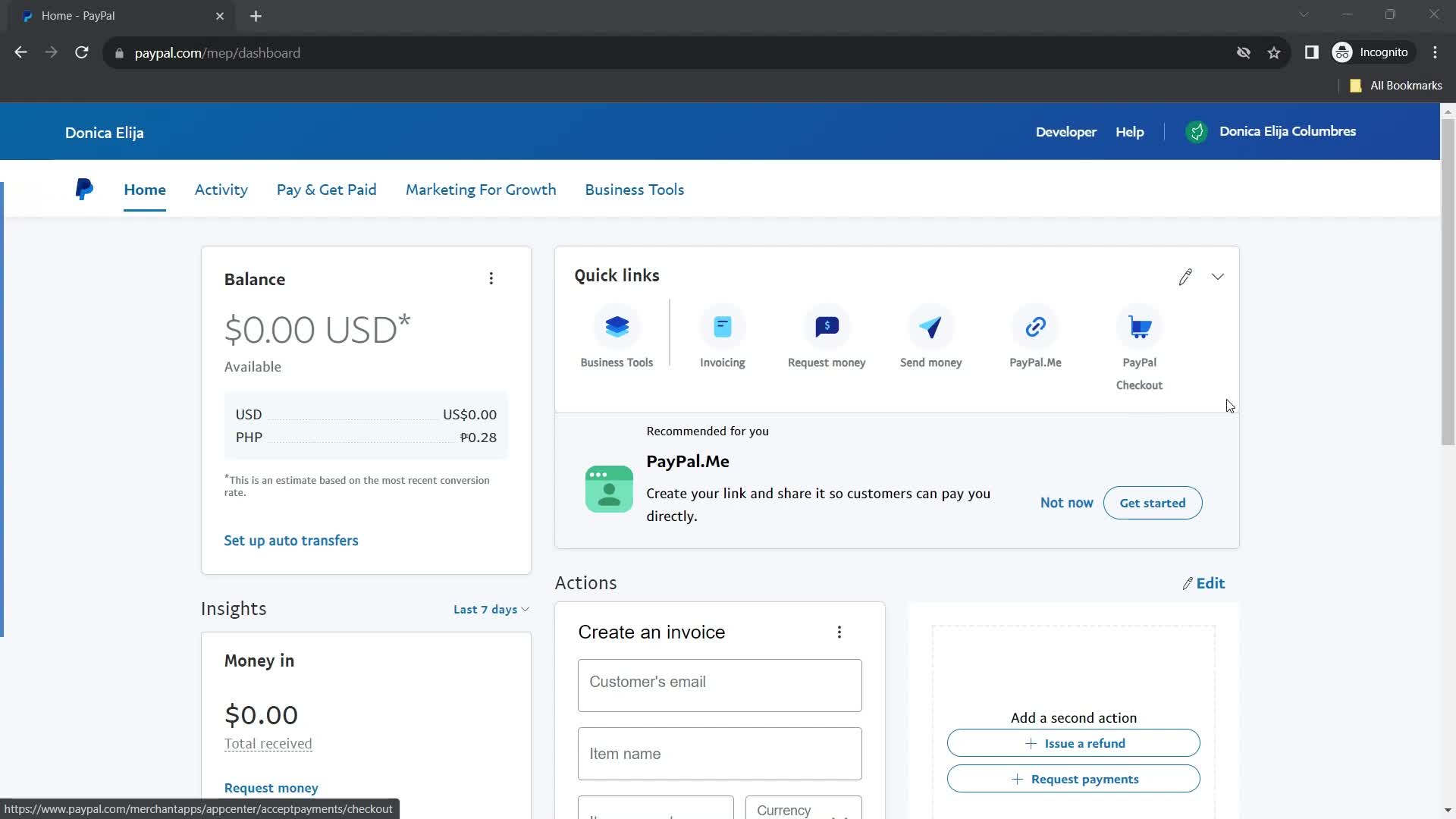 Screenshot of Home on Requesting payment on PayPal user flow