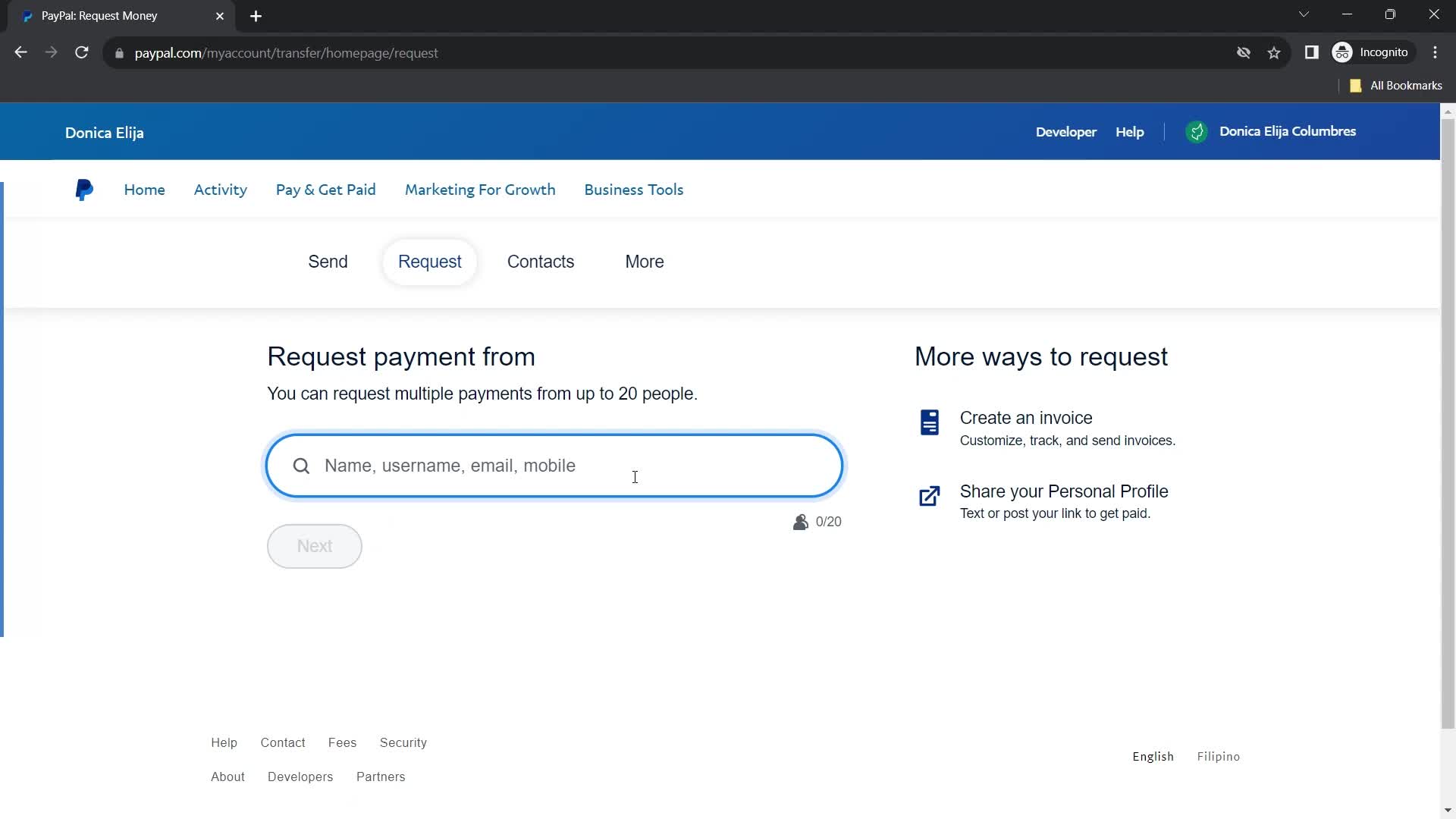 Screenshot of Request money on Requesting payment on PayPal user flow