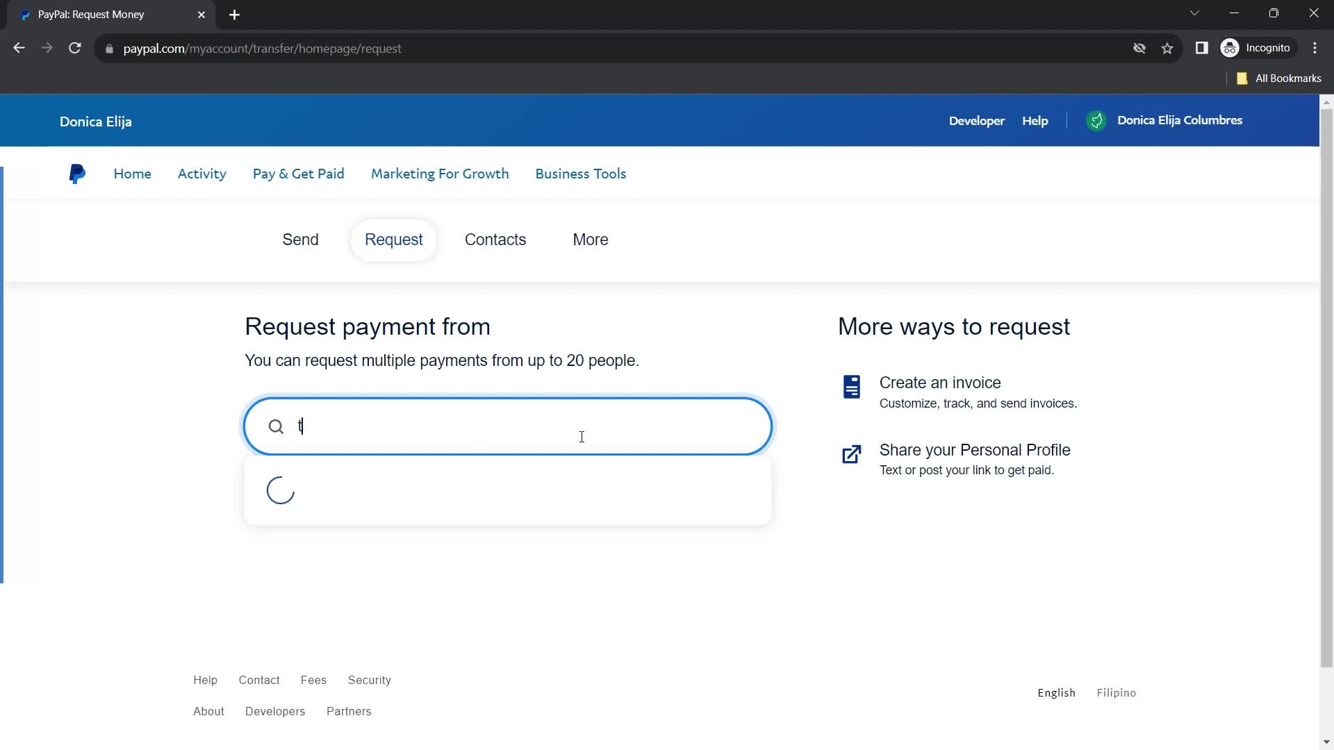 Screenshot of Find contacts on Requesting payment on PayPal user flow