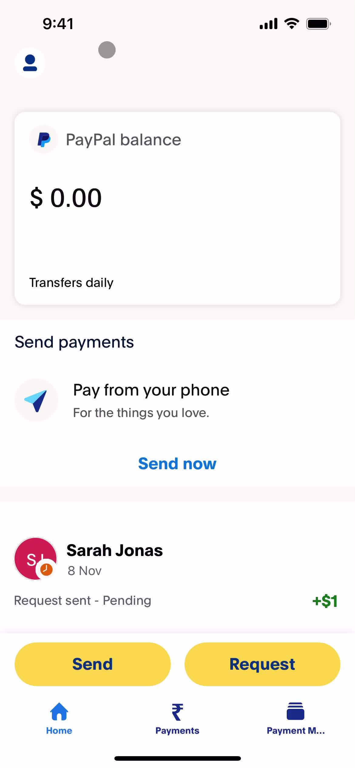 Screenshot of Home on Requesting payment on PayPal user flow