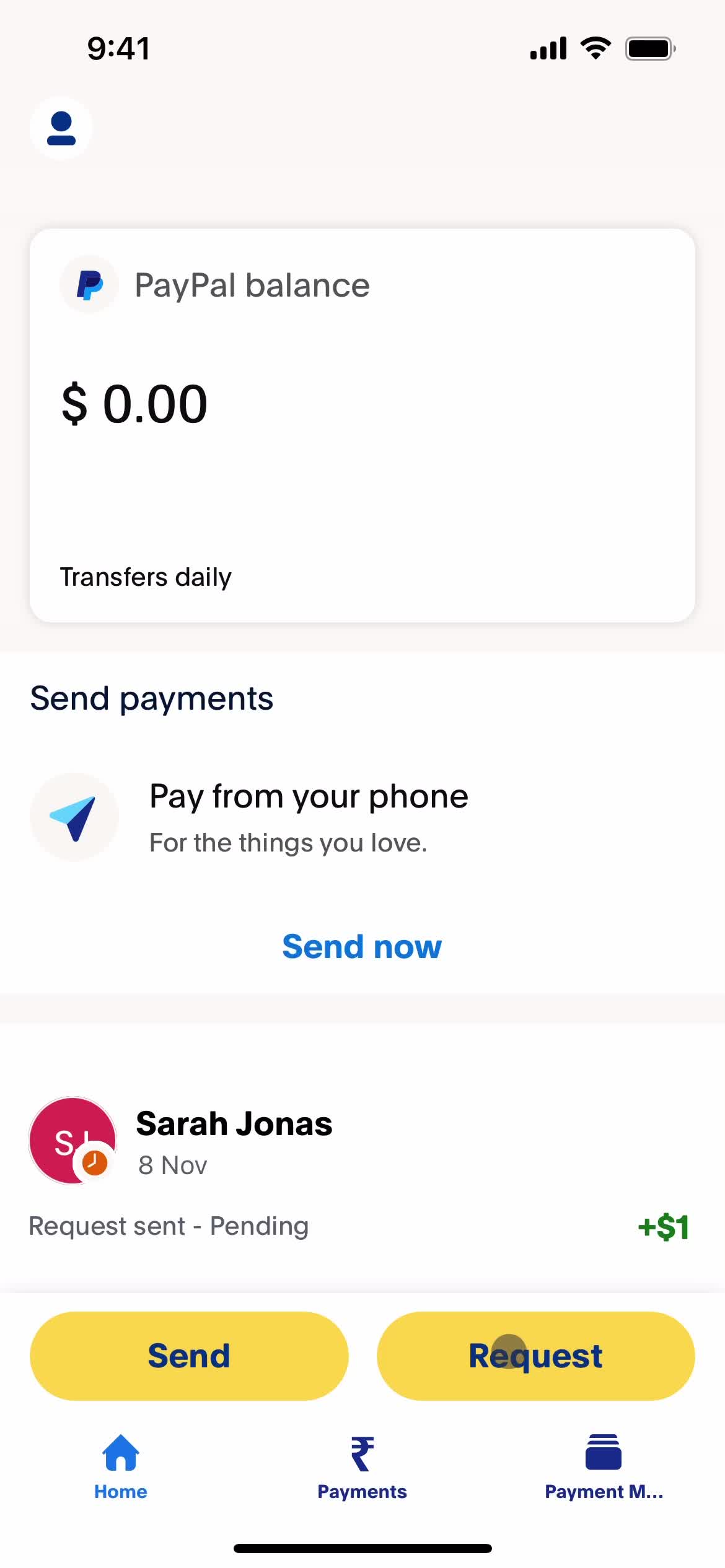 Screenshot of Request payment on Requesting payment on PayPal user flow