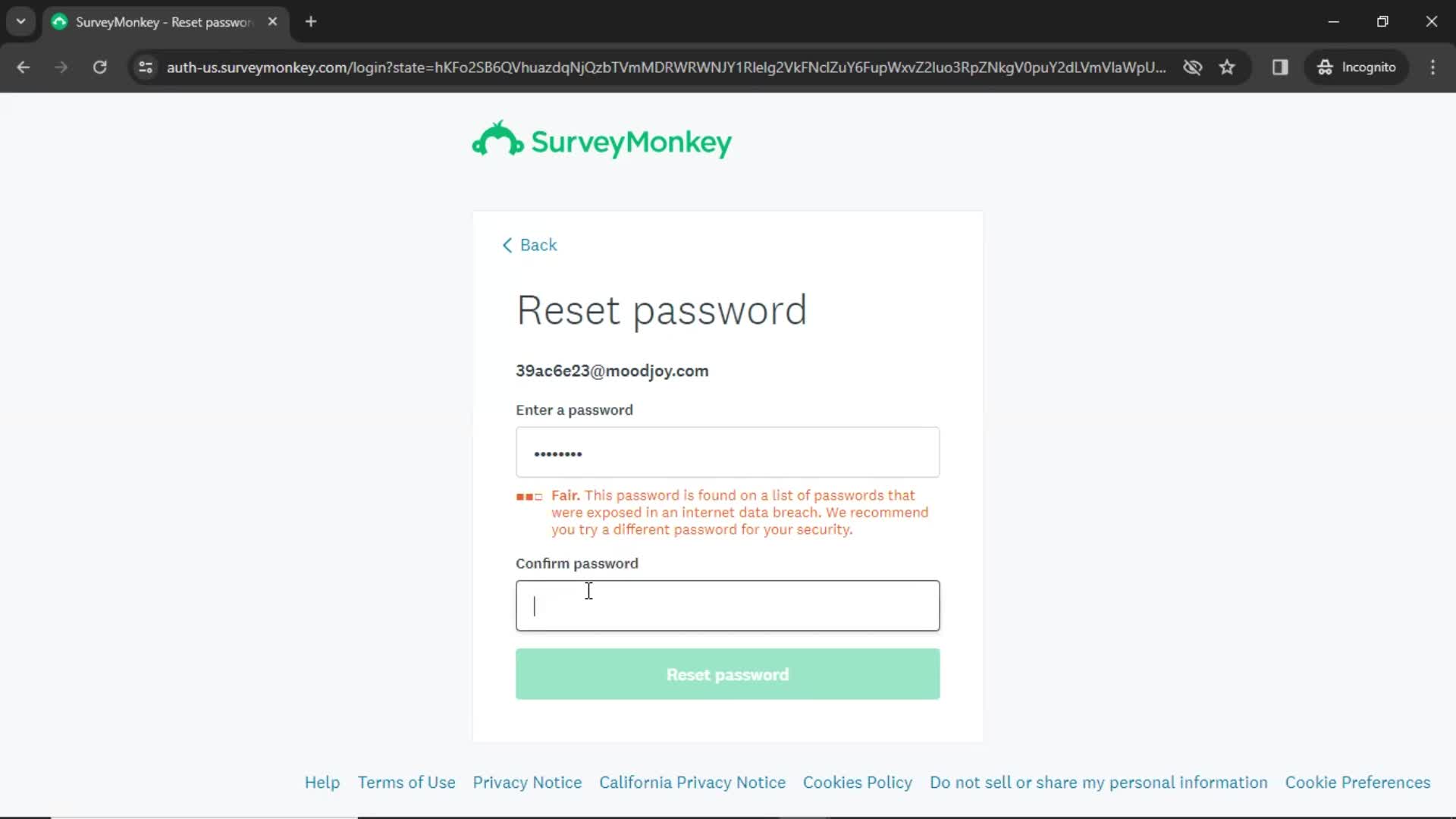 Resetting password screenshot