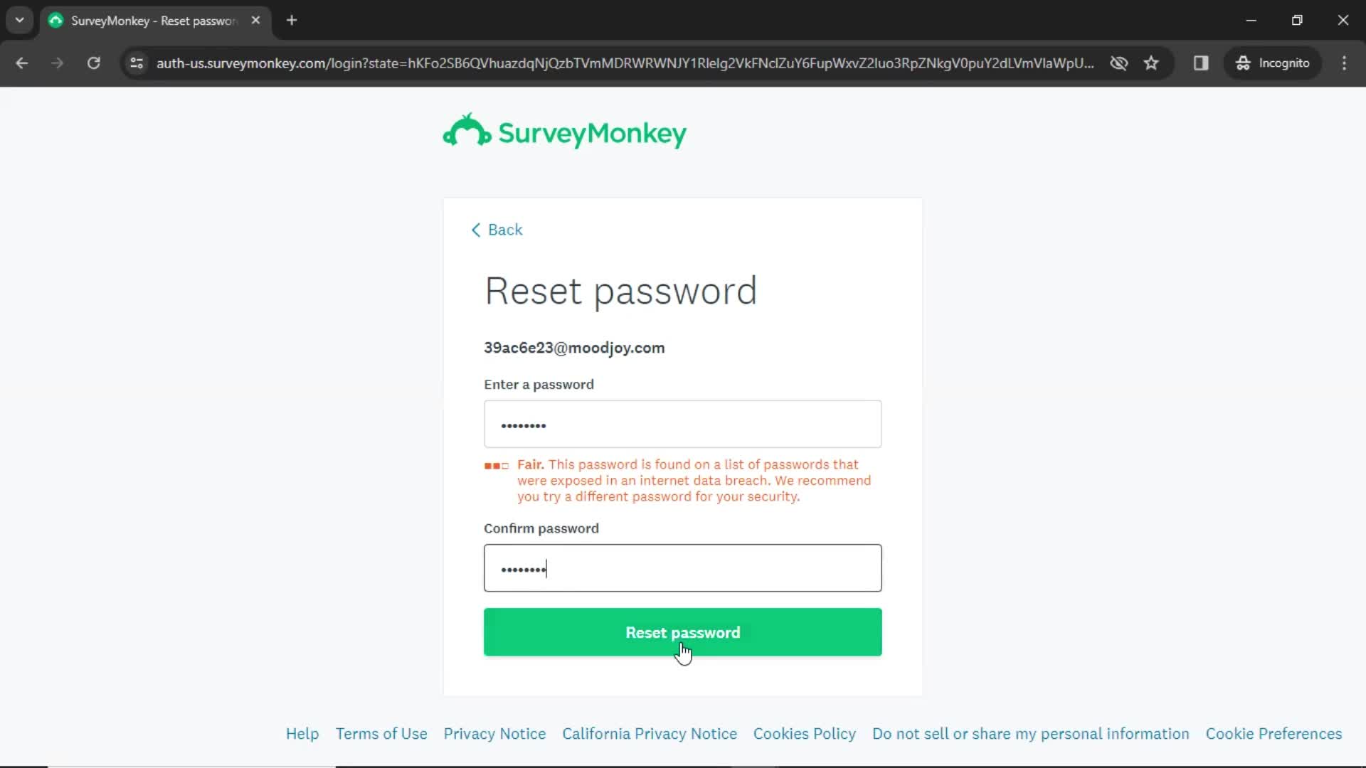 Resetting password screenshot