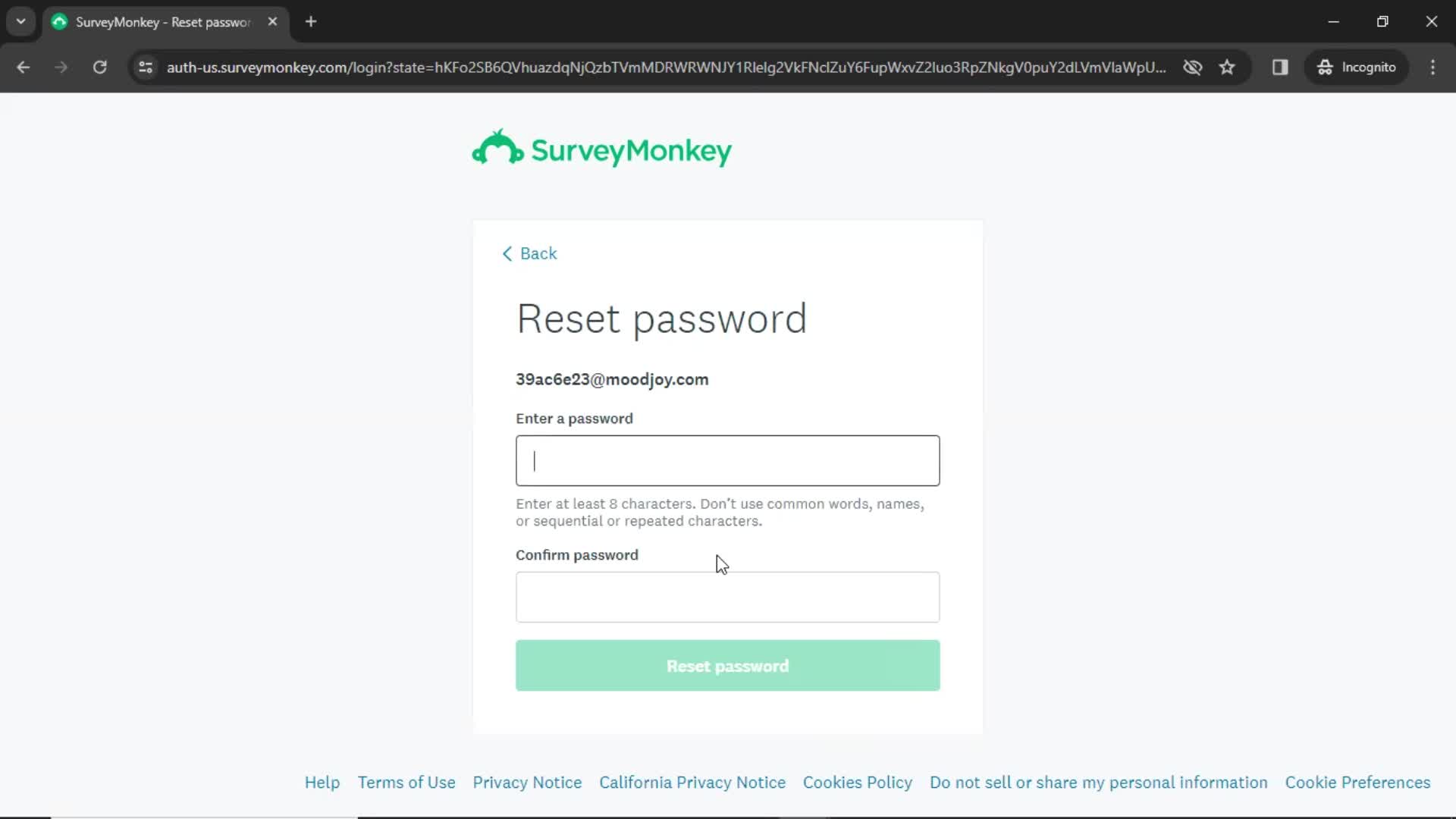 Resetting password screenshot