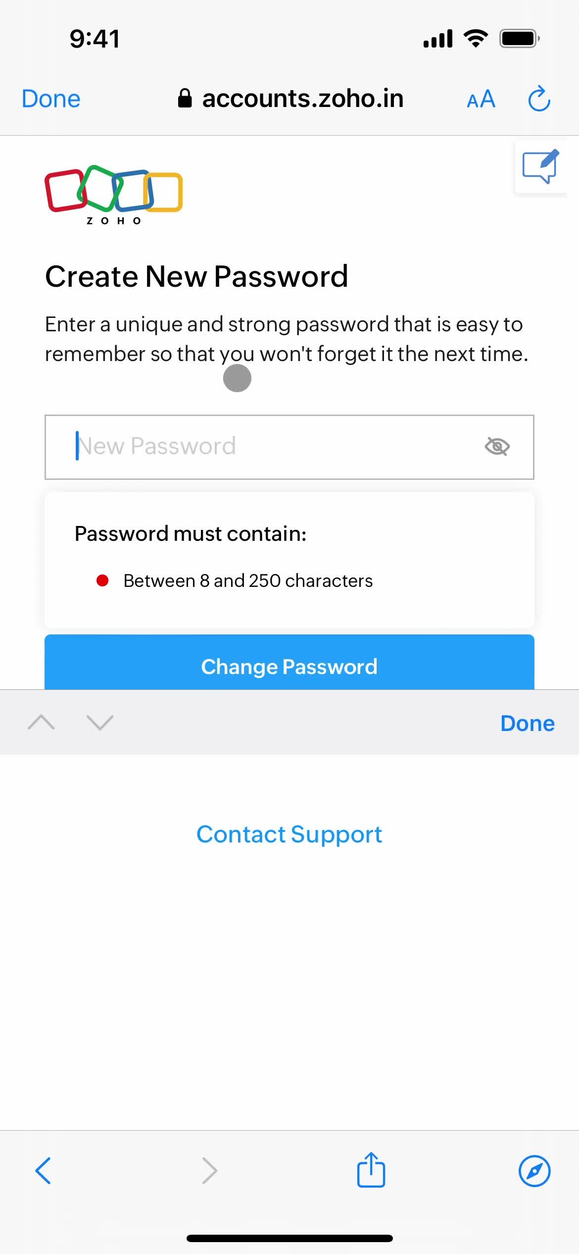 Resetting password screenshot