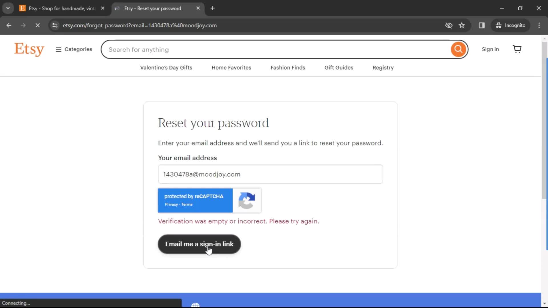 Resetting password screenshot