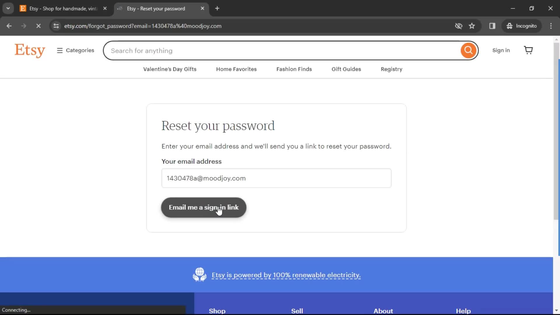 Resetting password screenshot