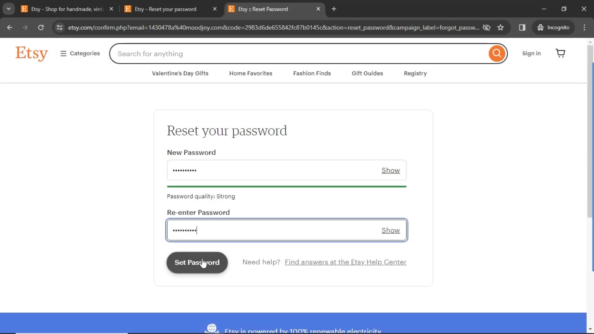 Resetting password screenshot