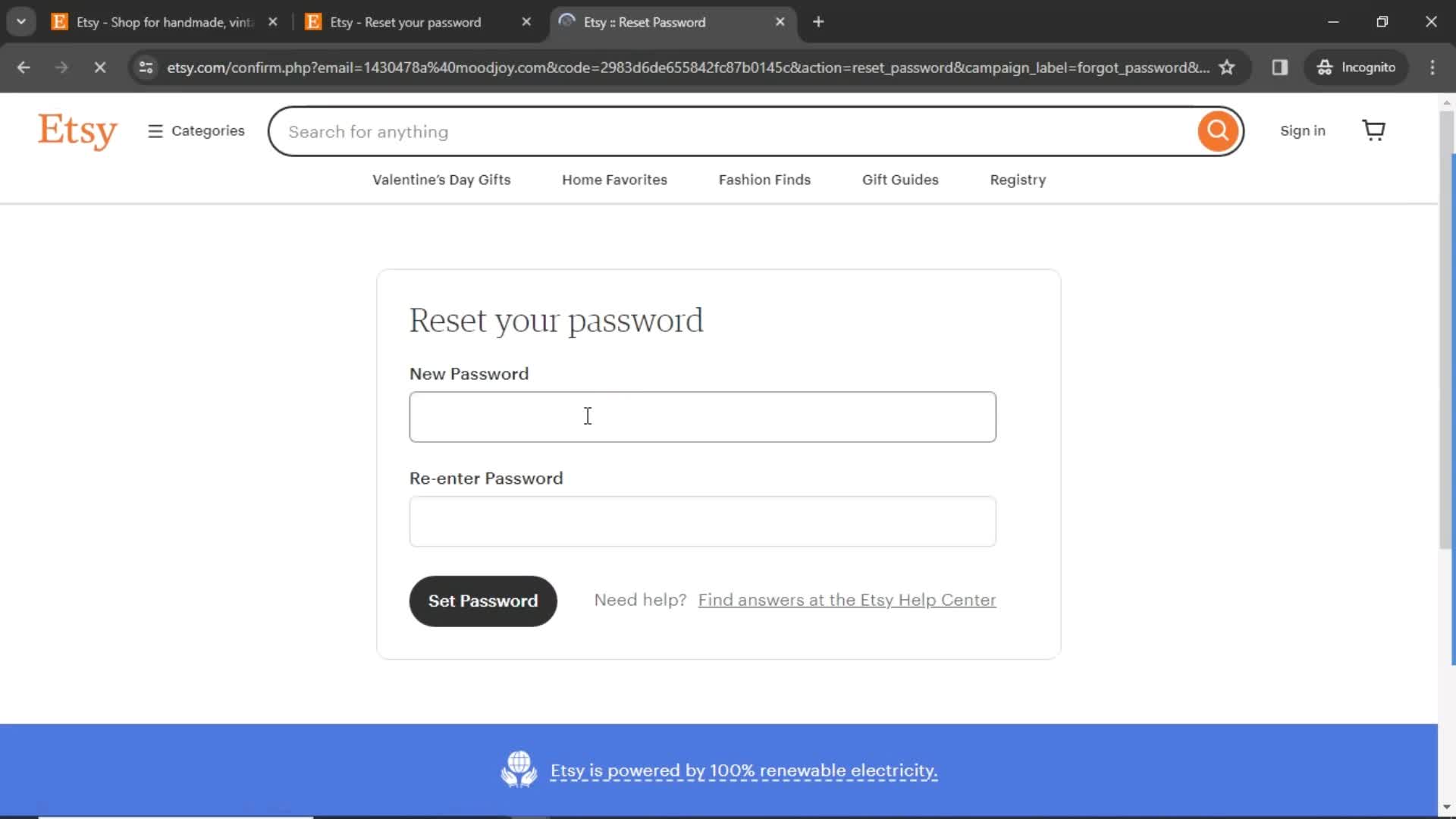 Resetting password screenshot