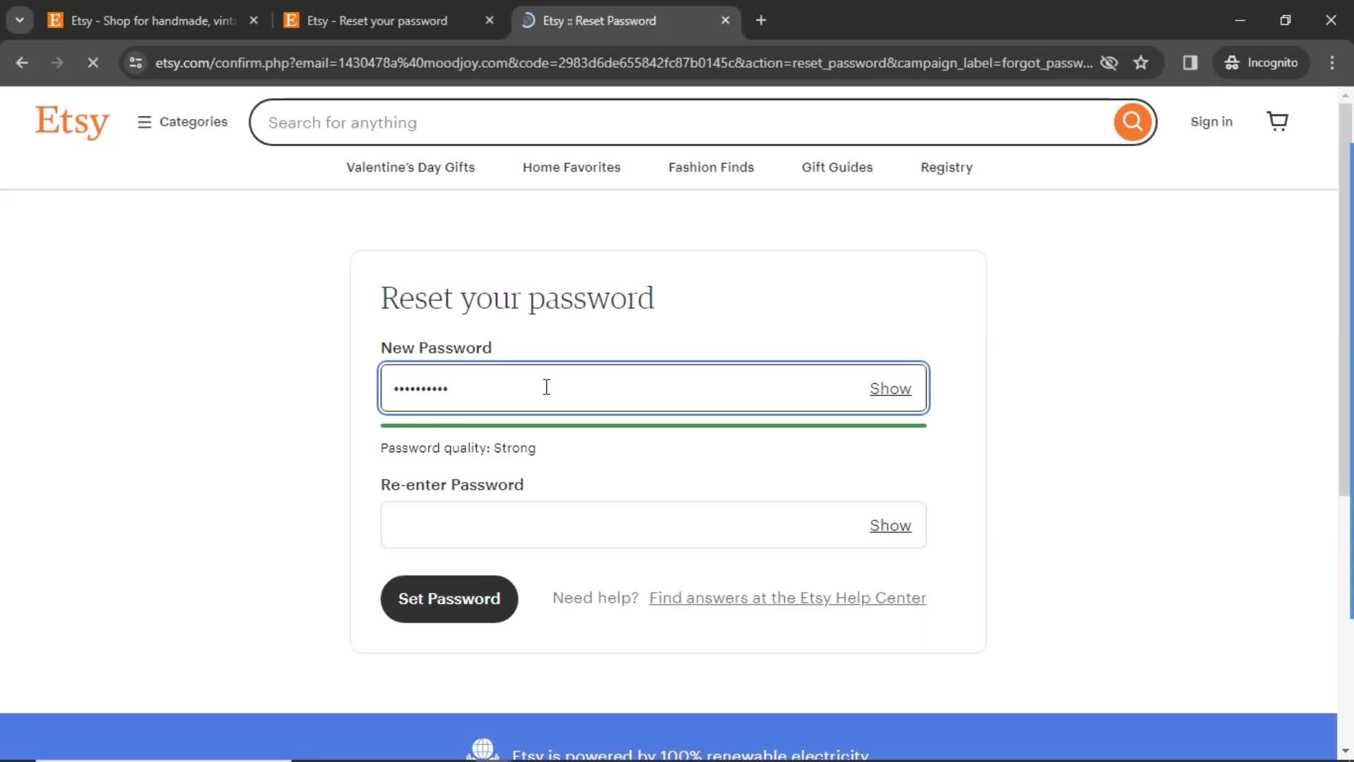 Resetting password screenshot