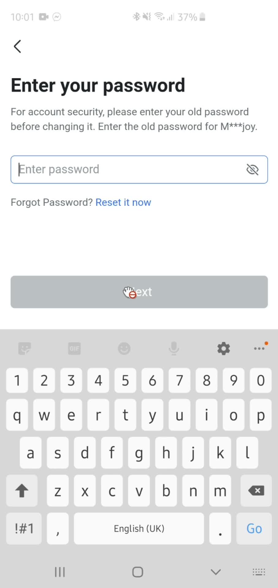 Changing password screenshot