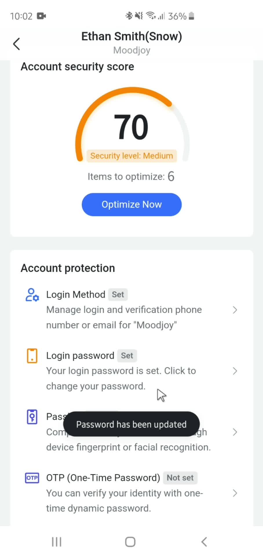 Changing password screenshot