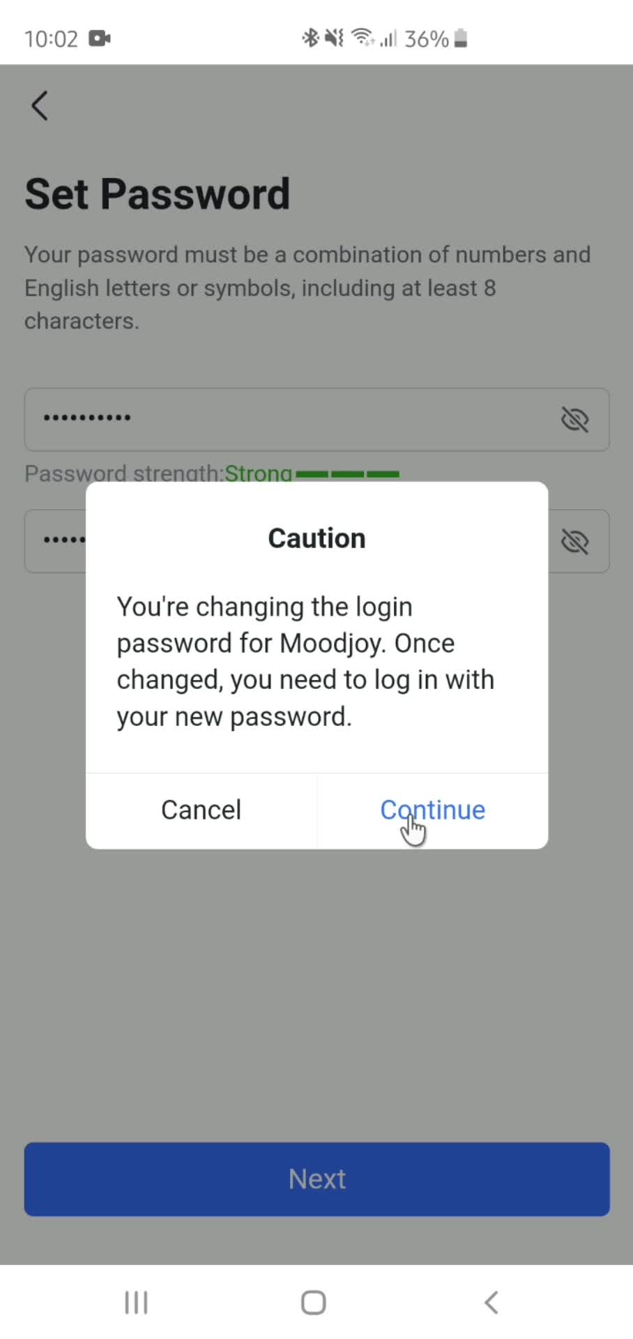 Changing password screenshot