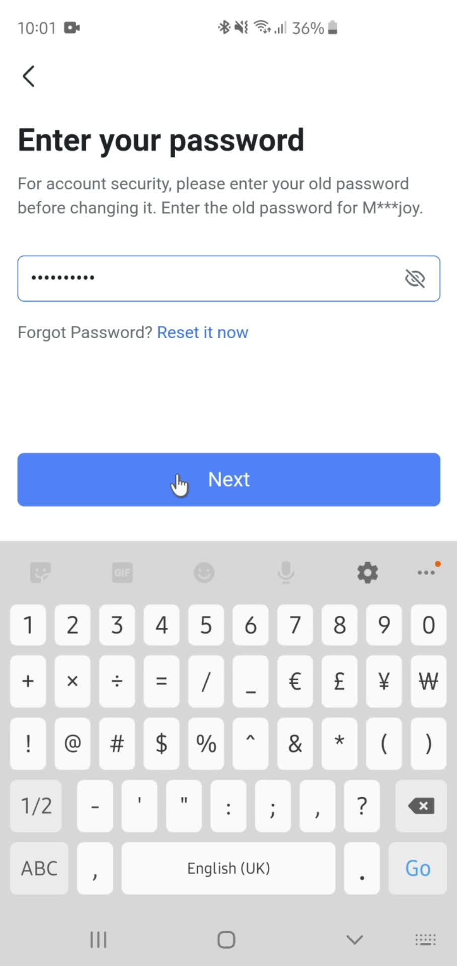 Changing password screenshot