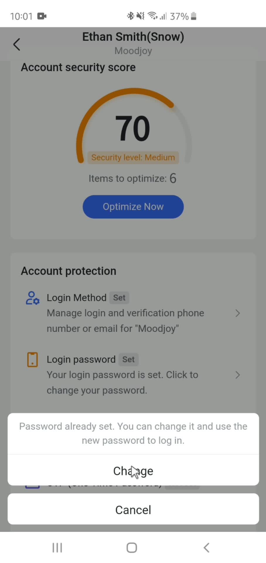 Changing password screenshot