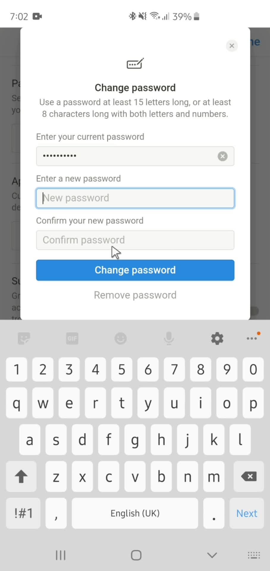 Changing password screenshot