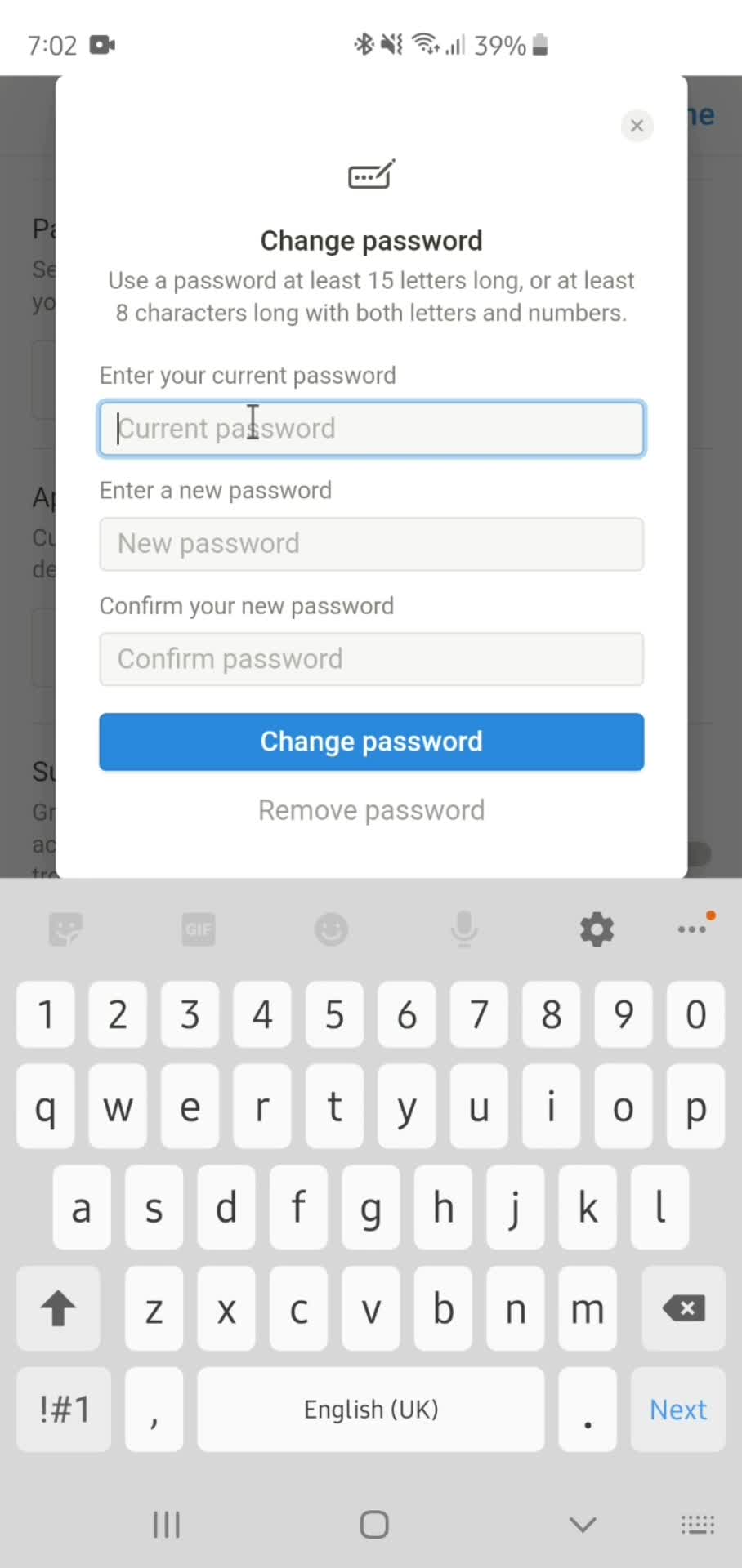 Changing password screenshot