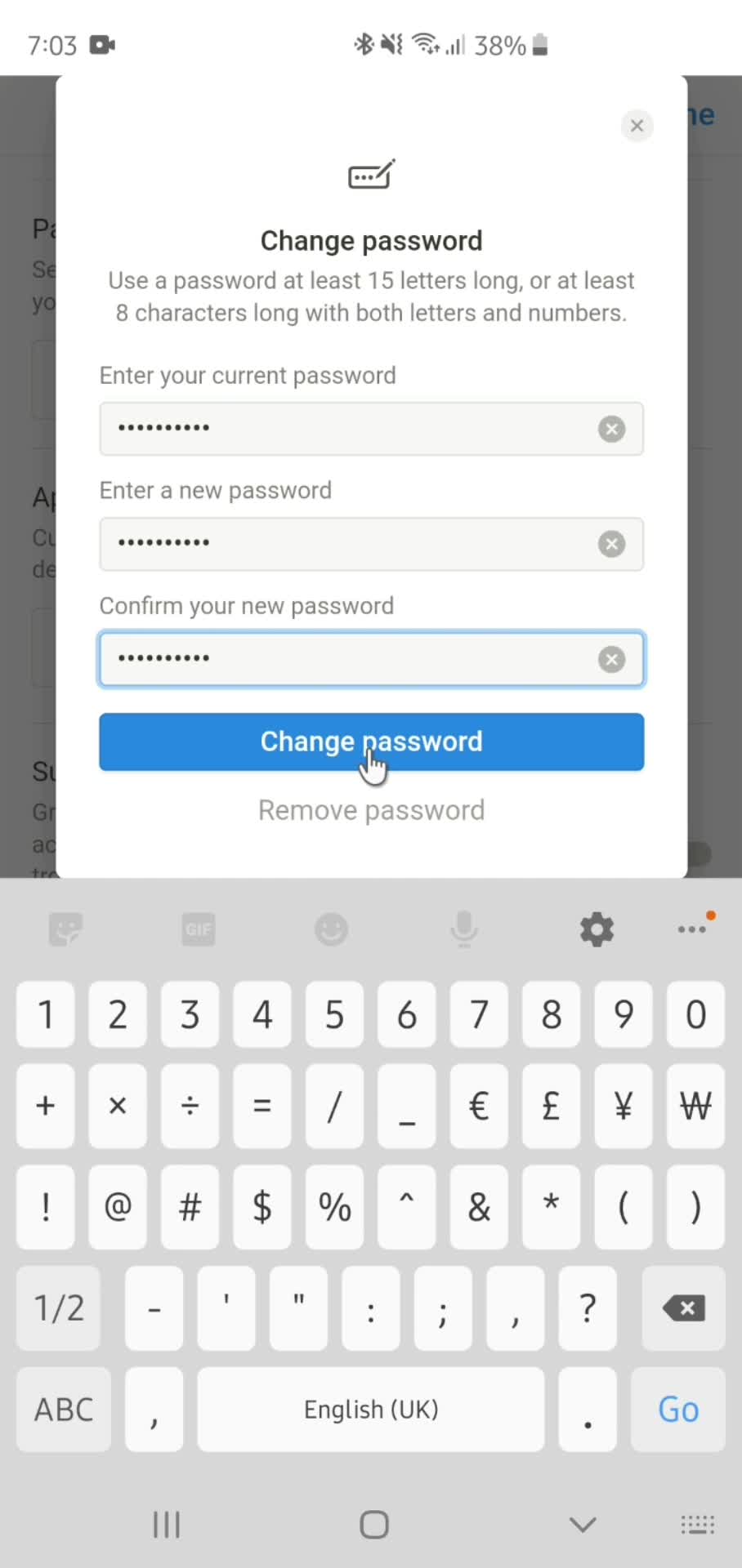 Changing password screenshot