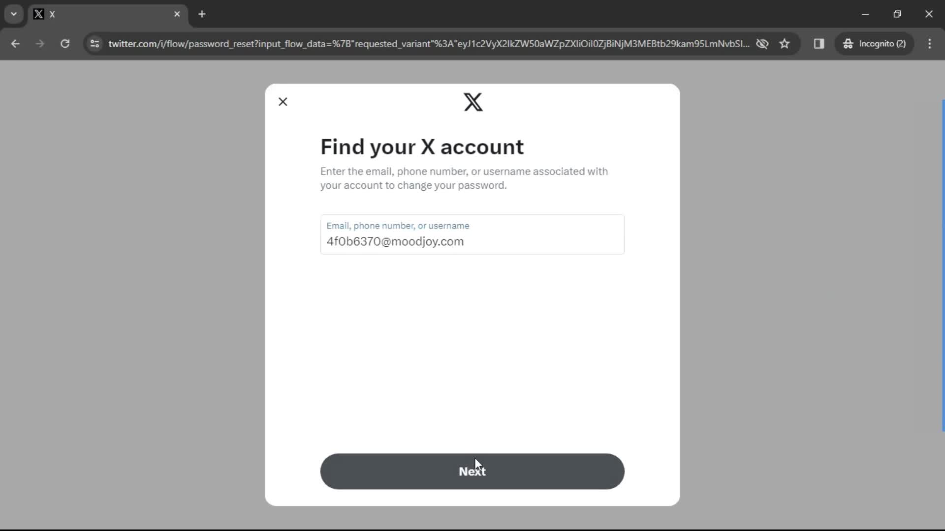 Password reset screenshot