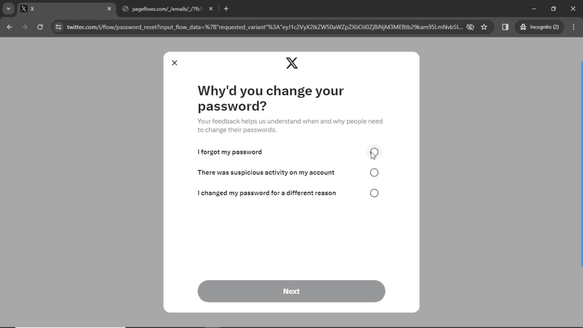 Password reset screenshot