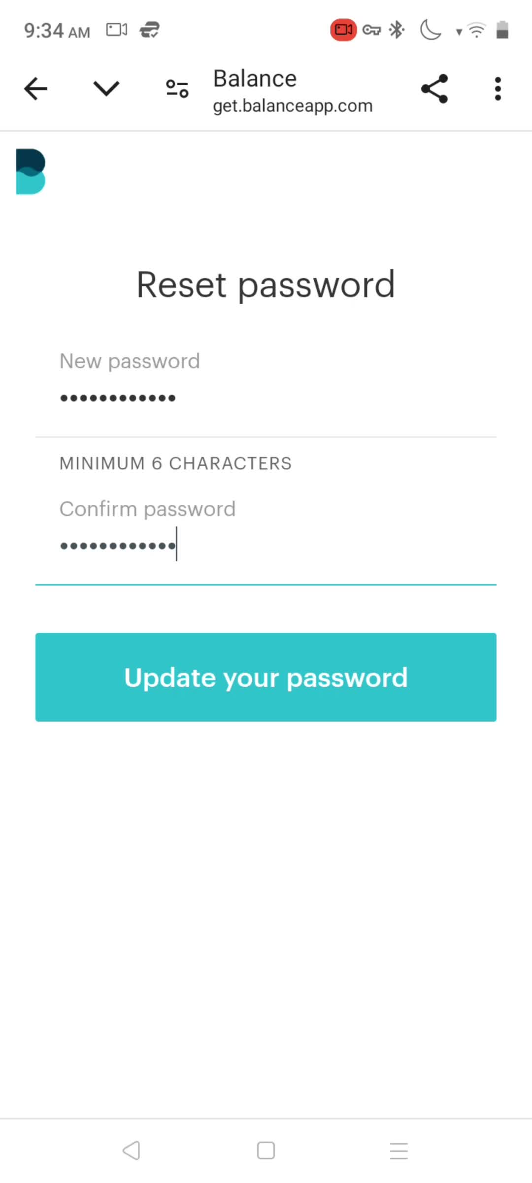 Resetting password screenshot