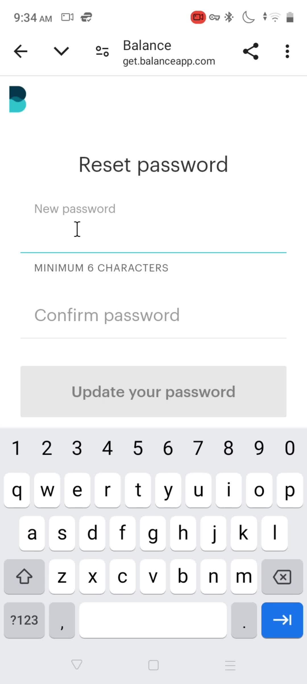 Resetting password screenshot