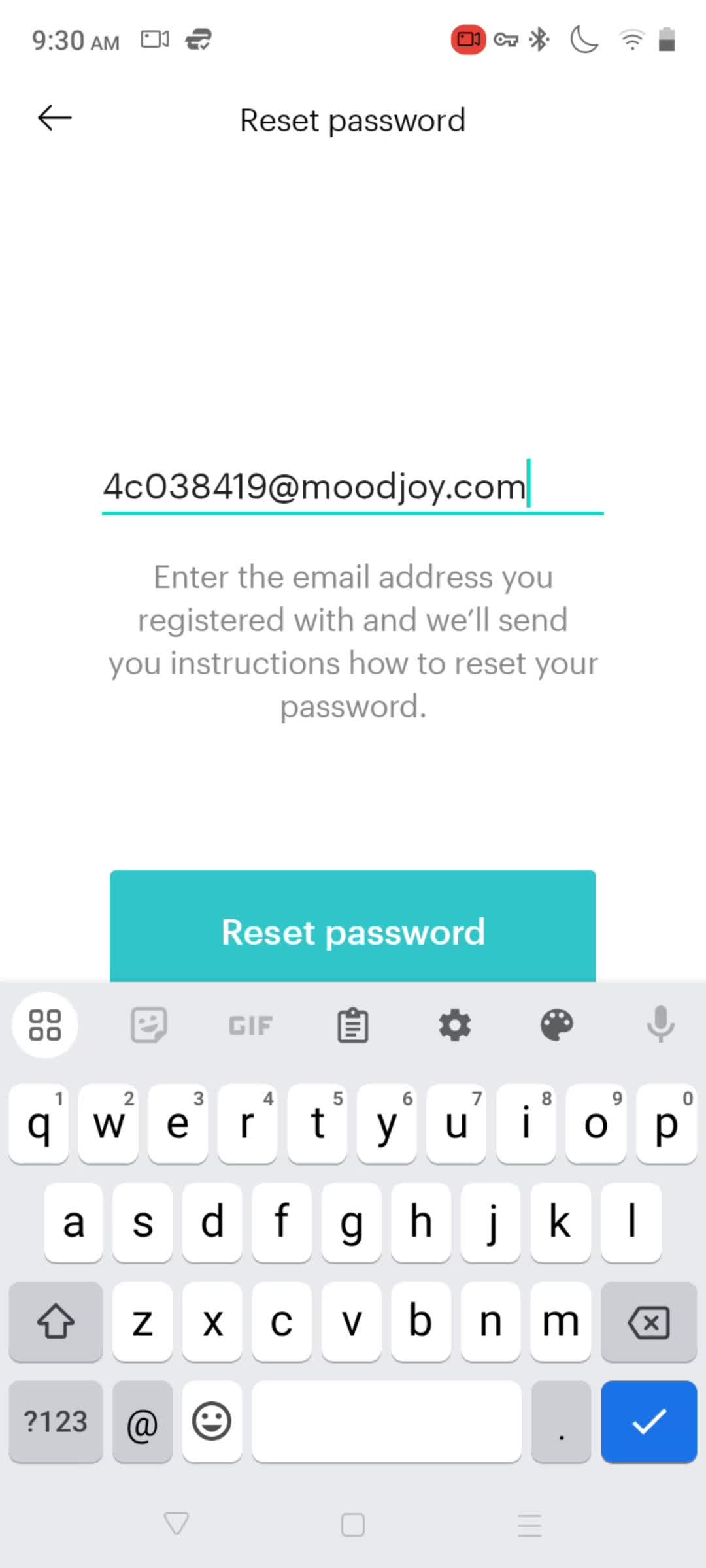 Resetting password screenshot