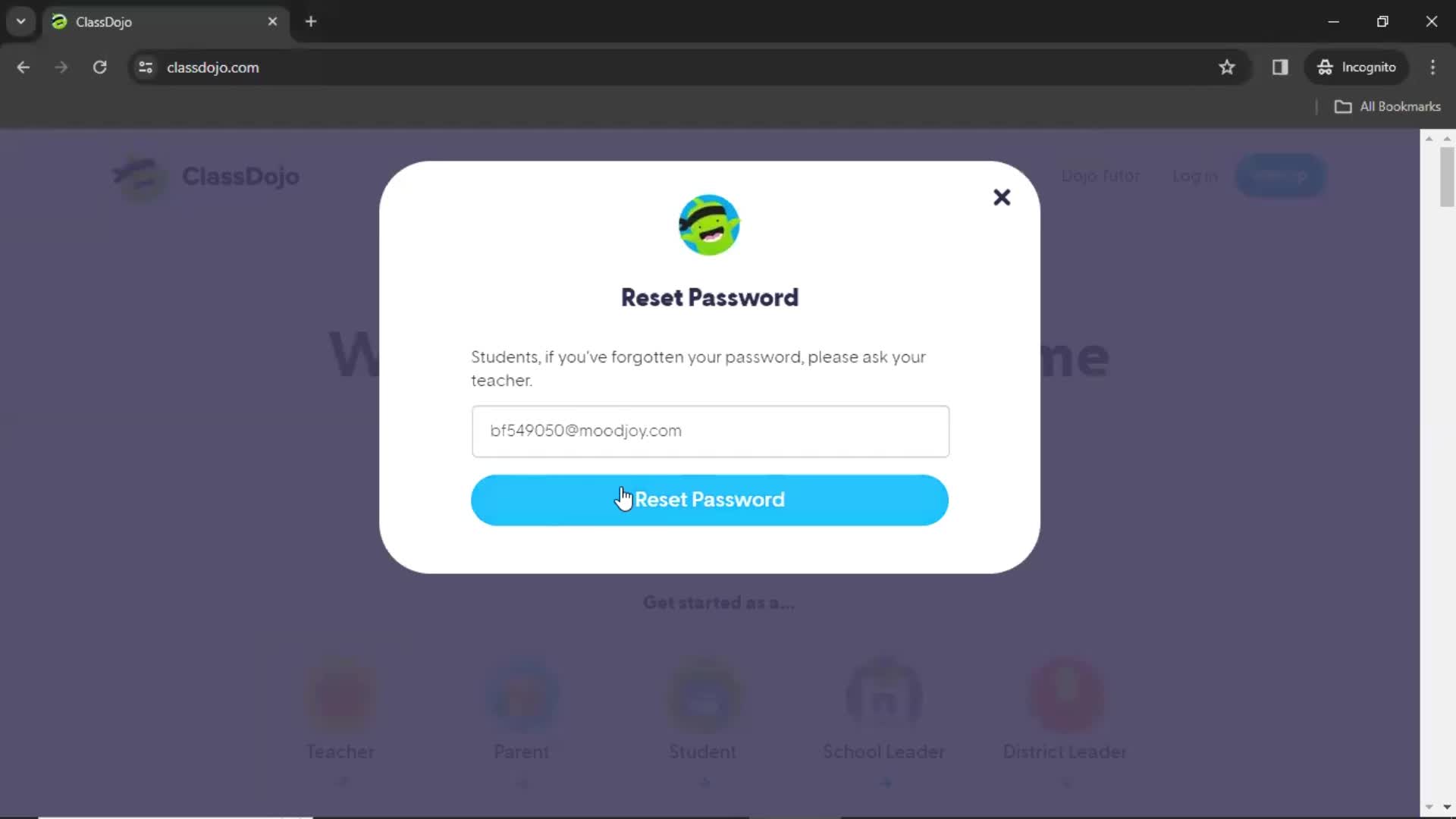 Resetting password screenshot