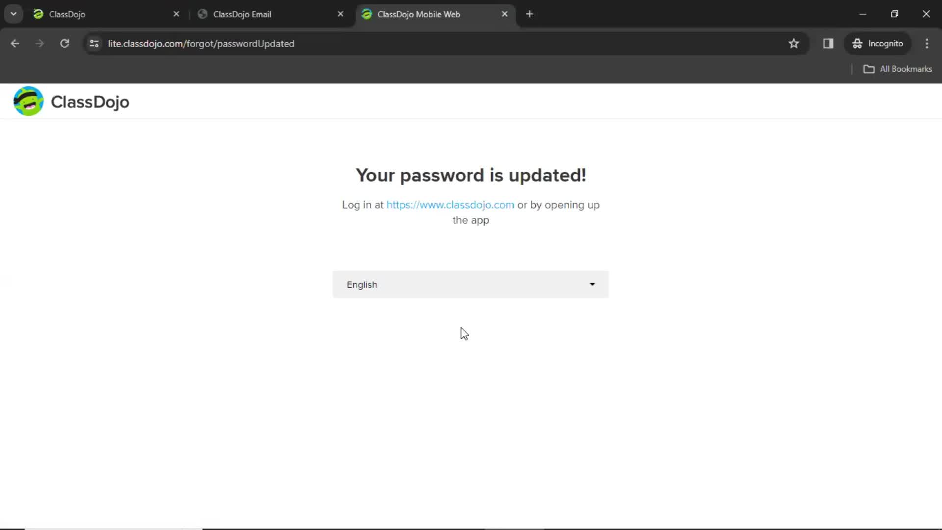 Resetting password screenshot