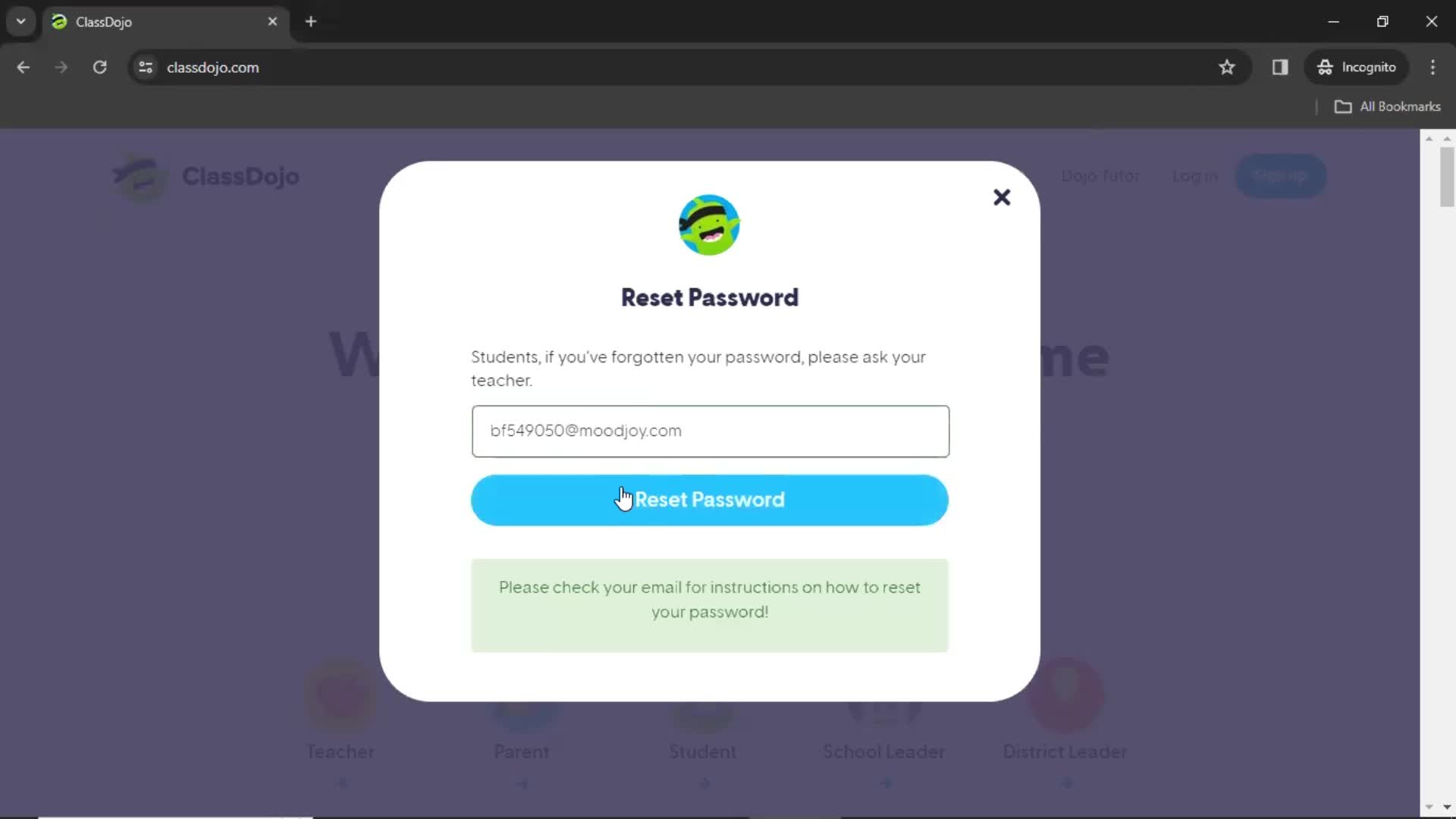 Resetting password screenshot