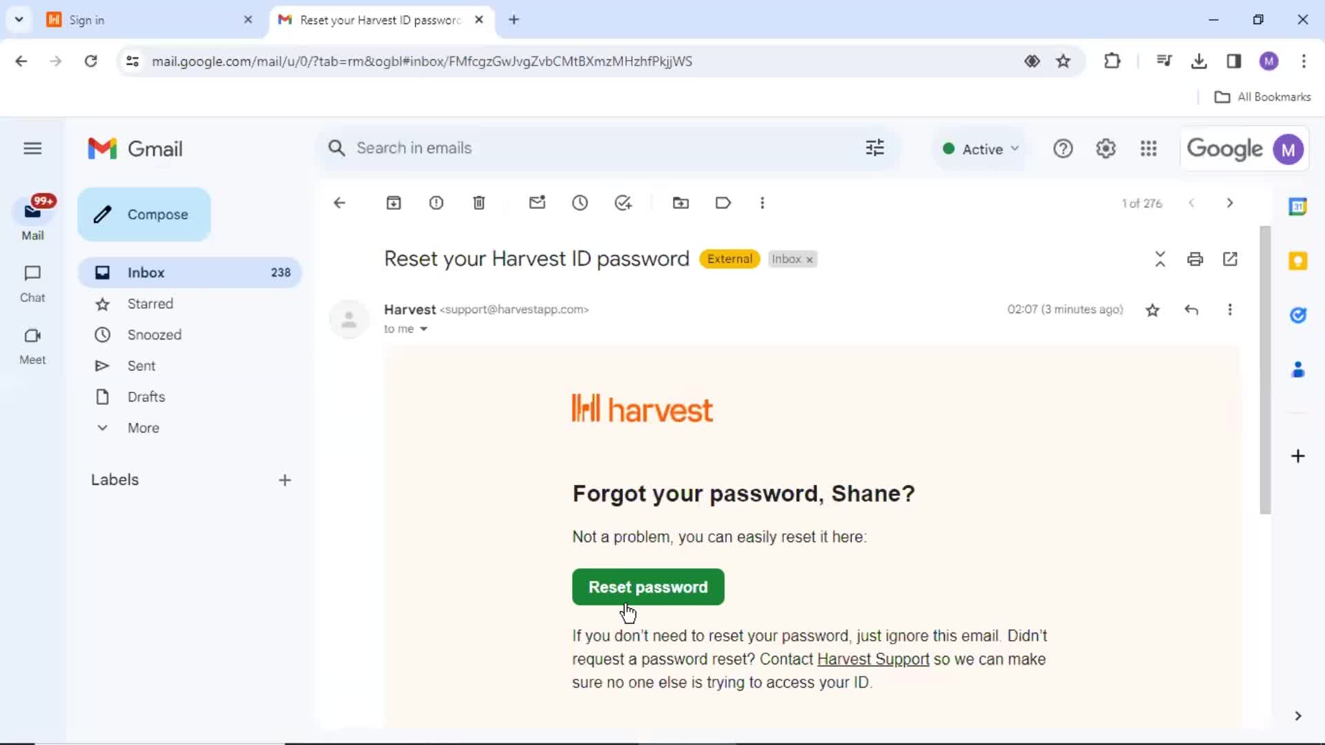 Resetting password screenshot