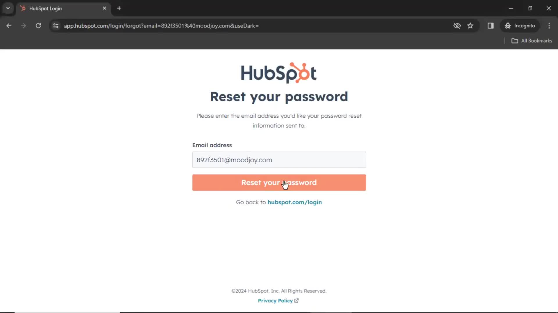 Resetting password screenshot